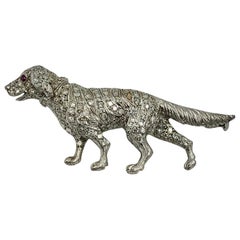 Vintage 126 Diamond Platinum Ruby Dog Brooch Pin Golden Retriever Labrador Lab Setter