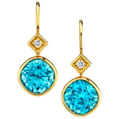 12.60 ct. t.w. Blue Zircon Diamond Yellow Gold Bezel Drop Dangle Earrings