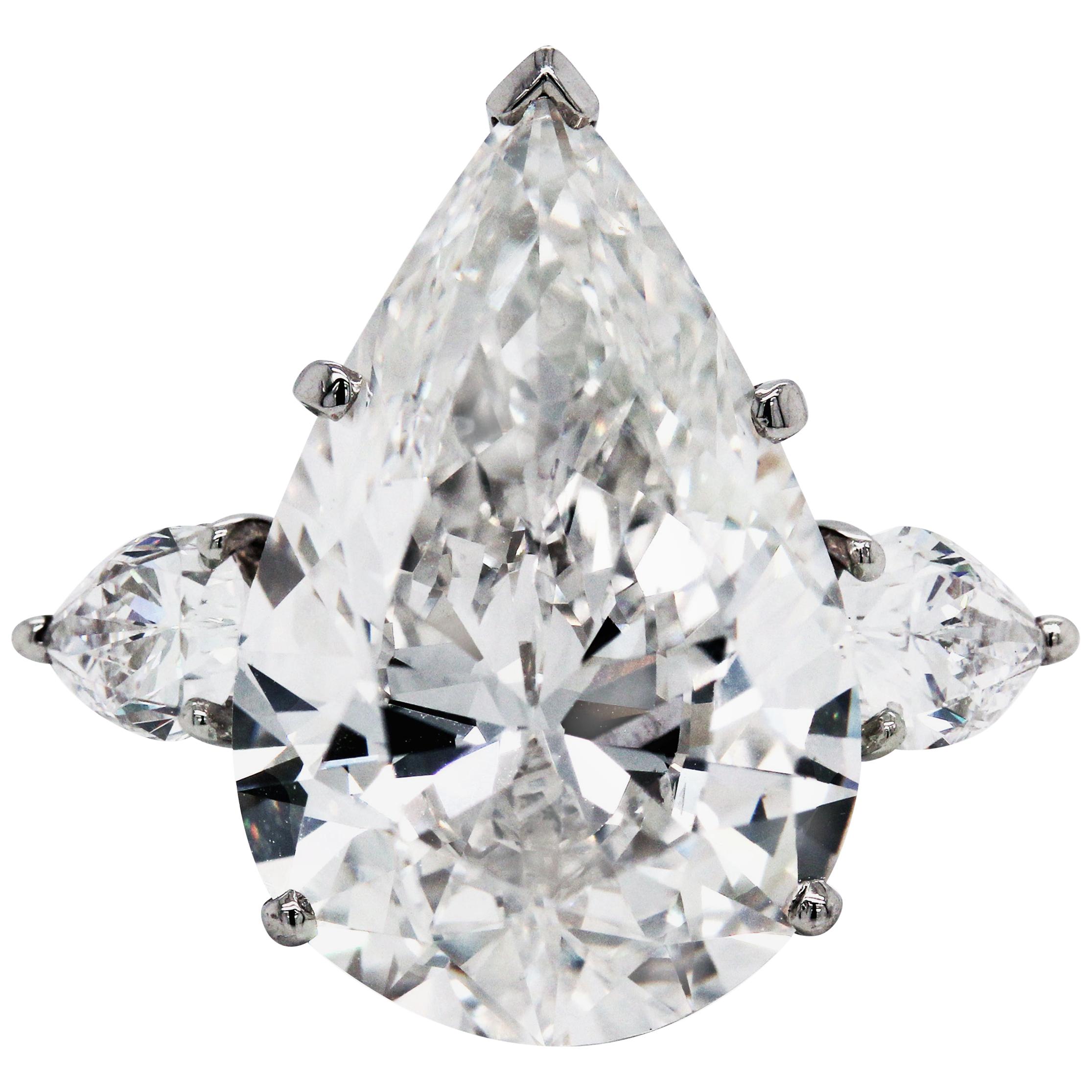 12.60 Carat Pear Shape Diamond GIA Certified Three-Stone Platinum Ring