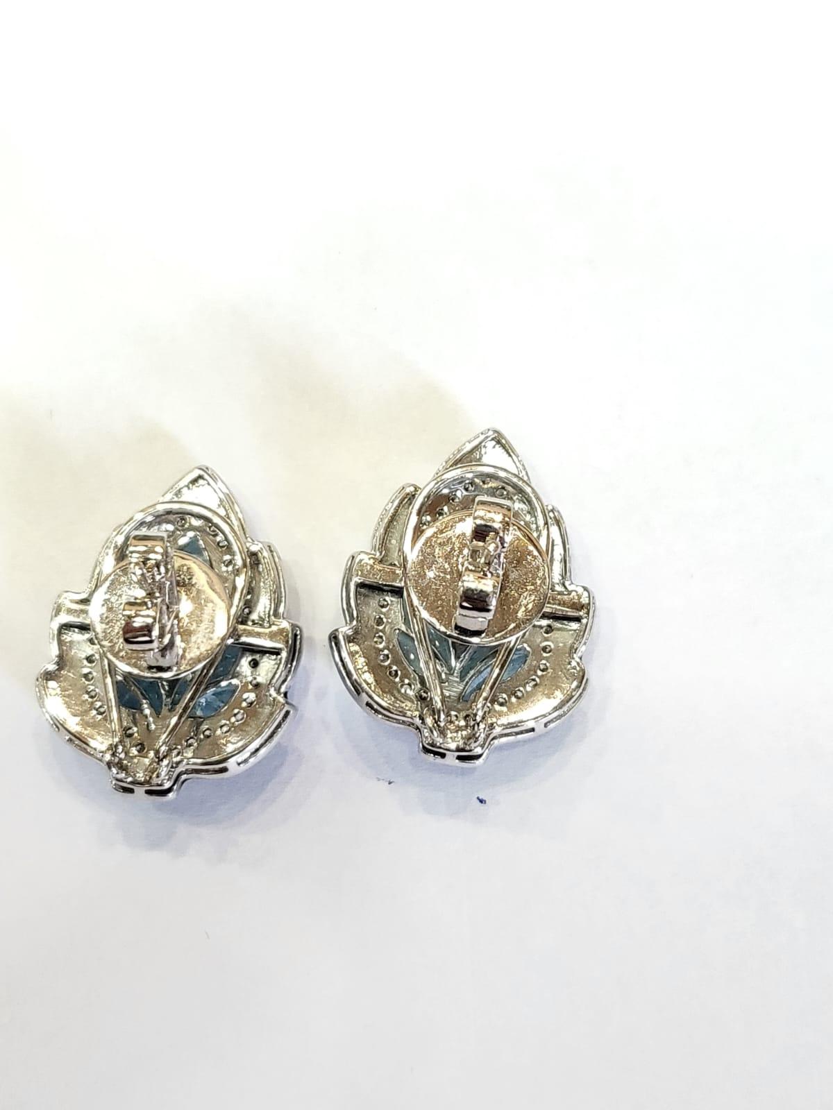 Round Cut 12.60 Carats, Deco Style Carved Aquamarine, Black Enamel & Diamond Stud Earrings