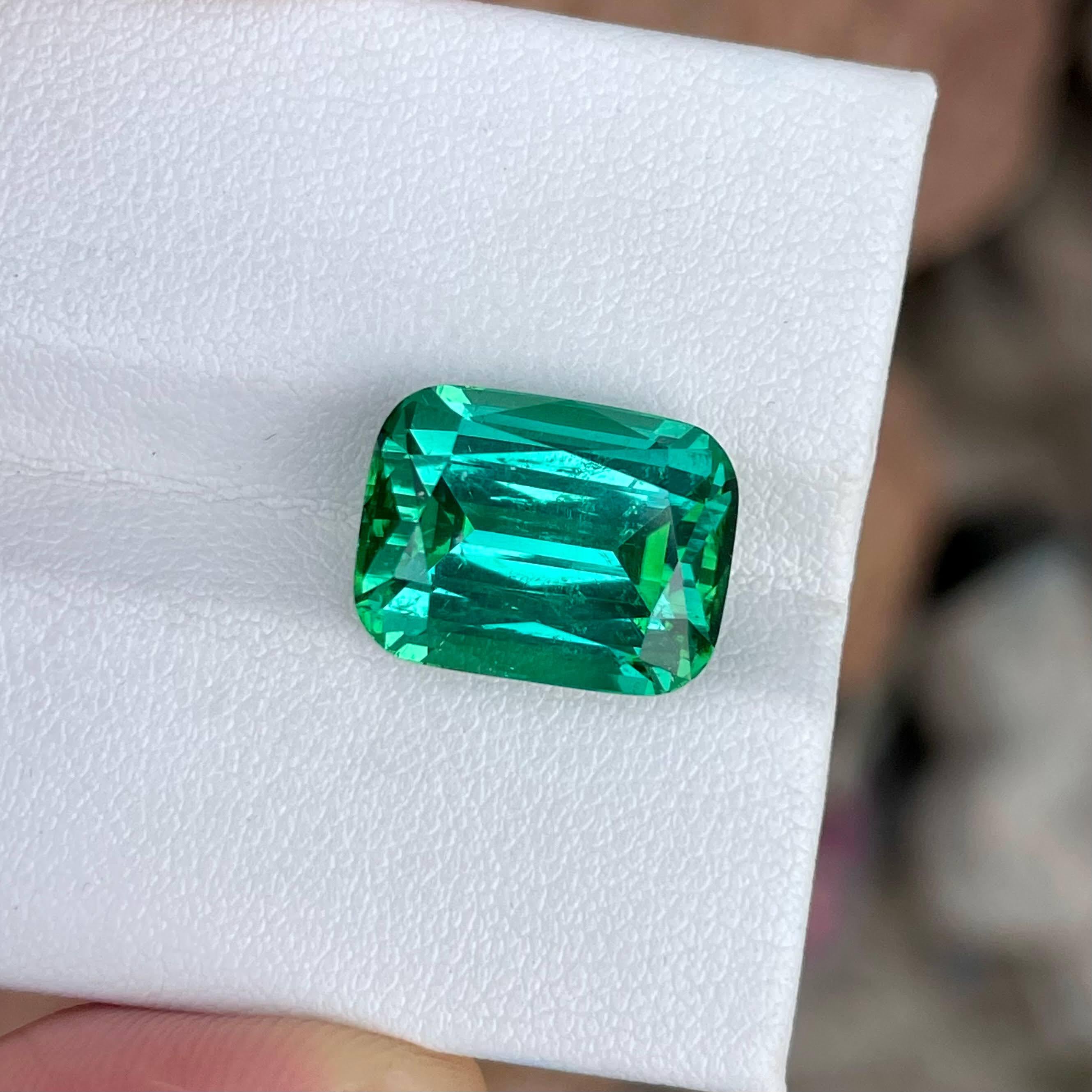 Weight 12.60 carats 
Dimensions 14.4x11.0x9.5 mm
Treatment none 
Origin Afghanistan 
Clarity SI (Slightly Included)
Shape cushion 
Cut fancy cushion 




The exquisite beauty of a 12.60 carats Greenish Blue Tourmaline Stone takes center stage in