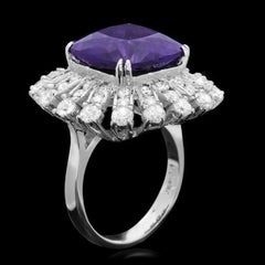 12.60 Carats Natural Amethyst and Diamond 14K Solid White Gold Ring