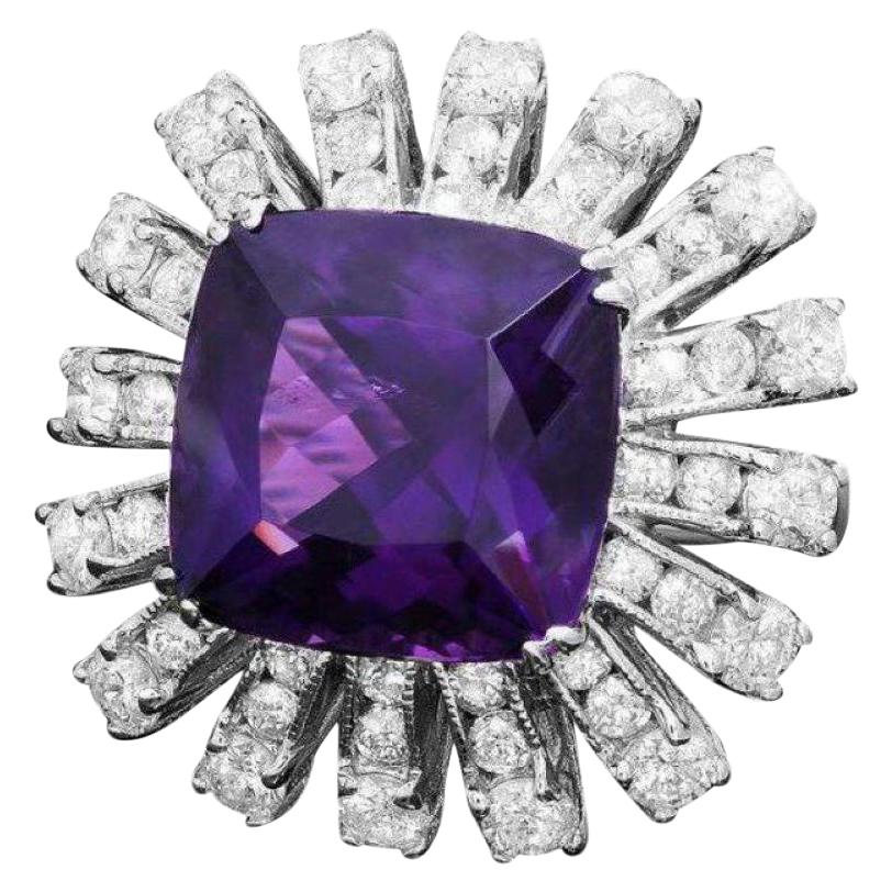 12.60 Carats Natural Amethyst and Diamond 14K Solid White Gold Ring For Sale