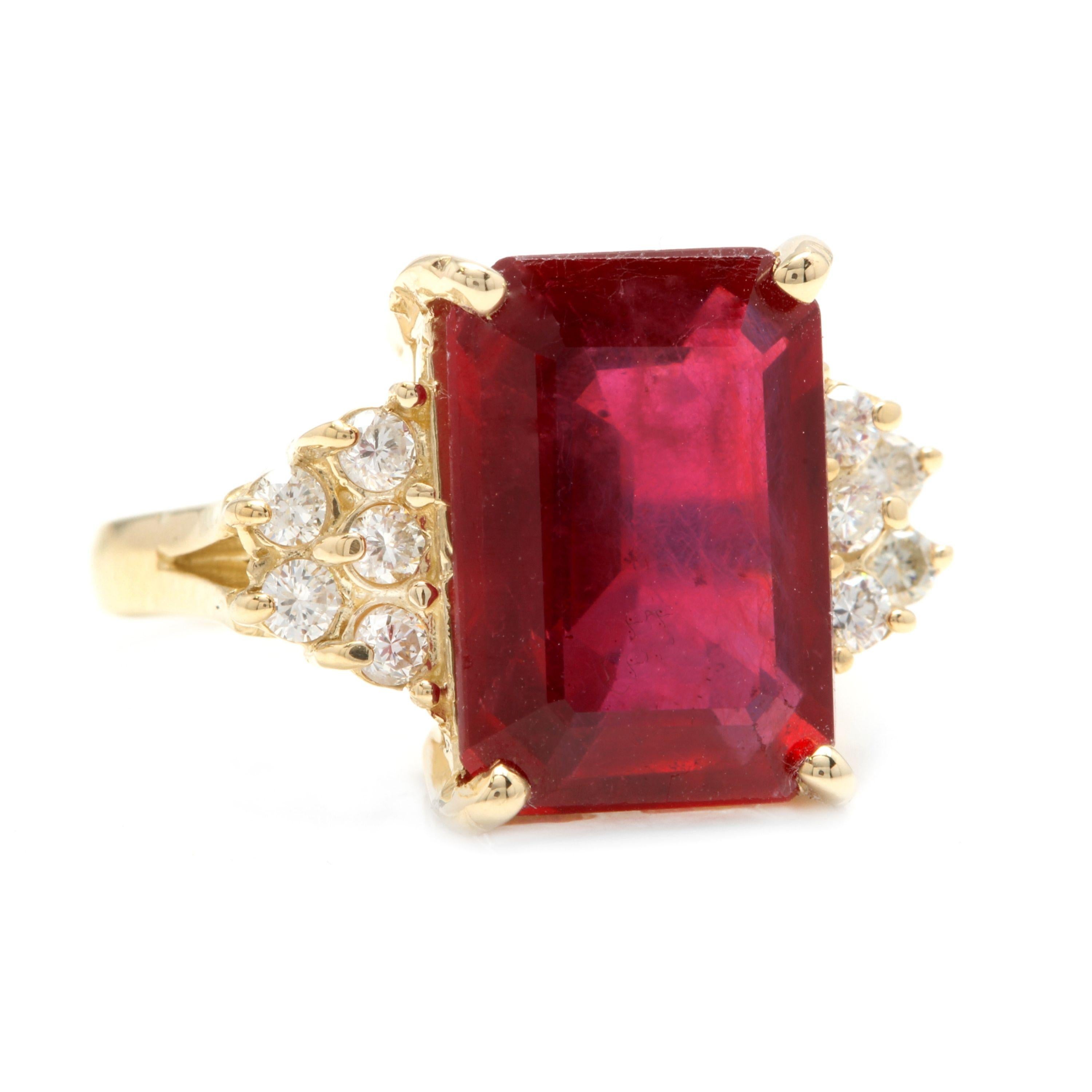 12.60 Carats Impressive Natural Red Ruby and Diamond 14K Yellow Gold Ring

Total Red Ruby Weight is Approx. 12.00 Carats

Ruby Measures: Approx. 13.00 x 10.00mm

Ruby Treatment: Lead Glass Filling

Natural Round Diamonds Weight: Approx. 0.60 Carats