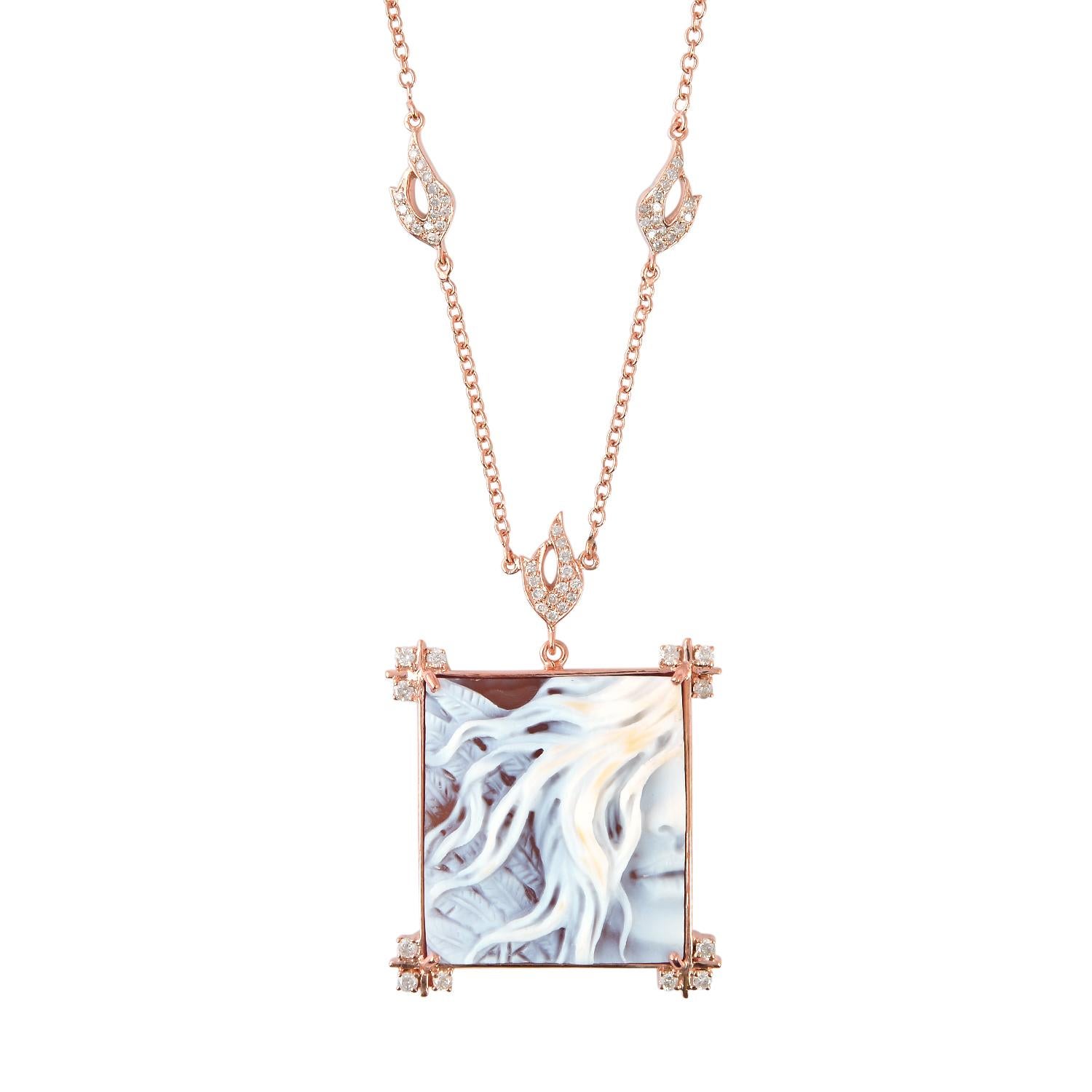 Contemporary 12.60 ct Shell Cameo pendant Necklace With Diamonds Made In 18k Rose Gold For Sale