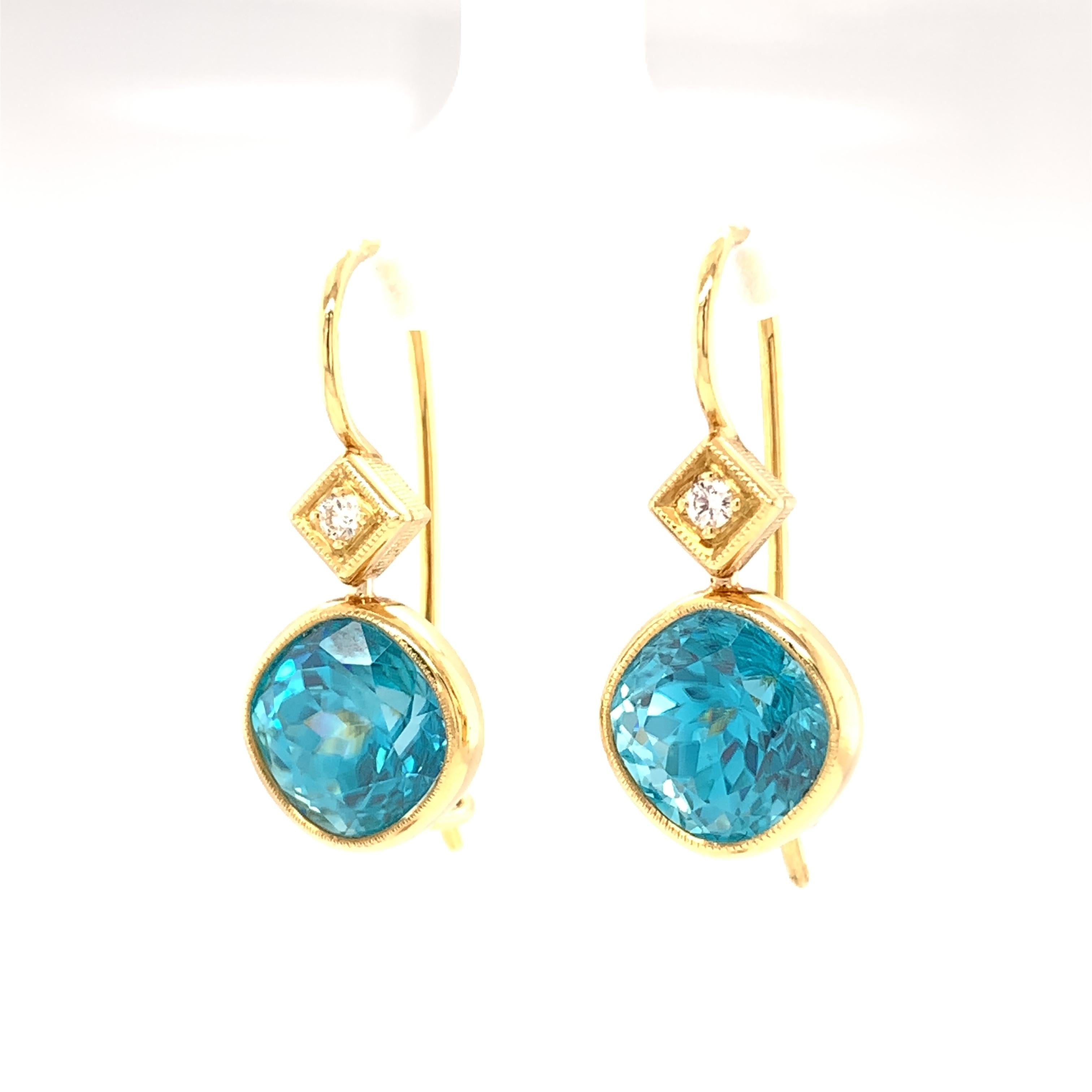 Artisan 12.60 ct. t.w. Blue Zircon Diamond Yellow Gold Bezel Drop Dangle Earrings