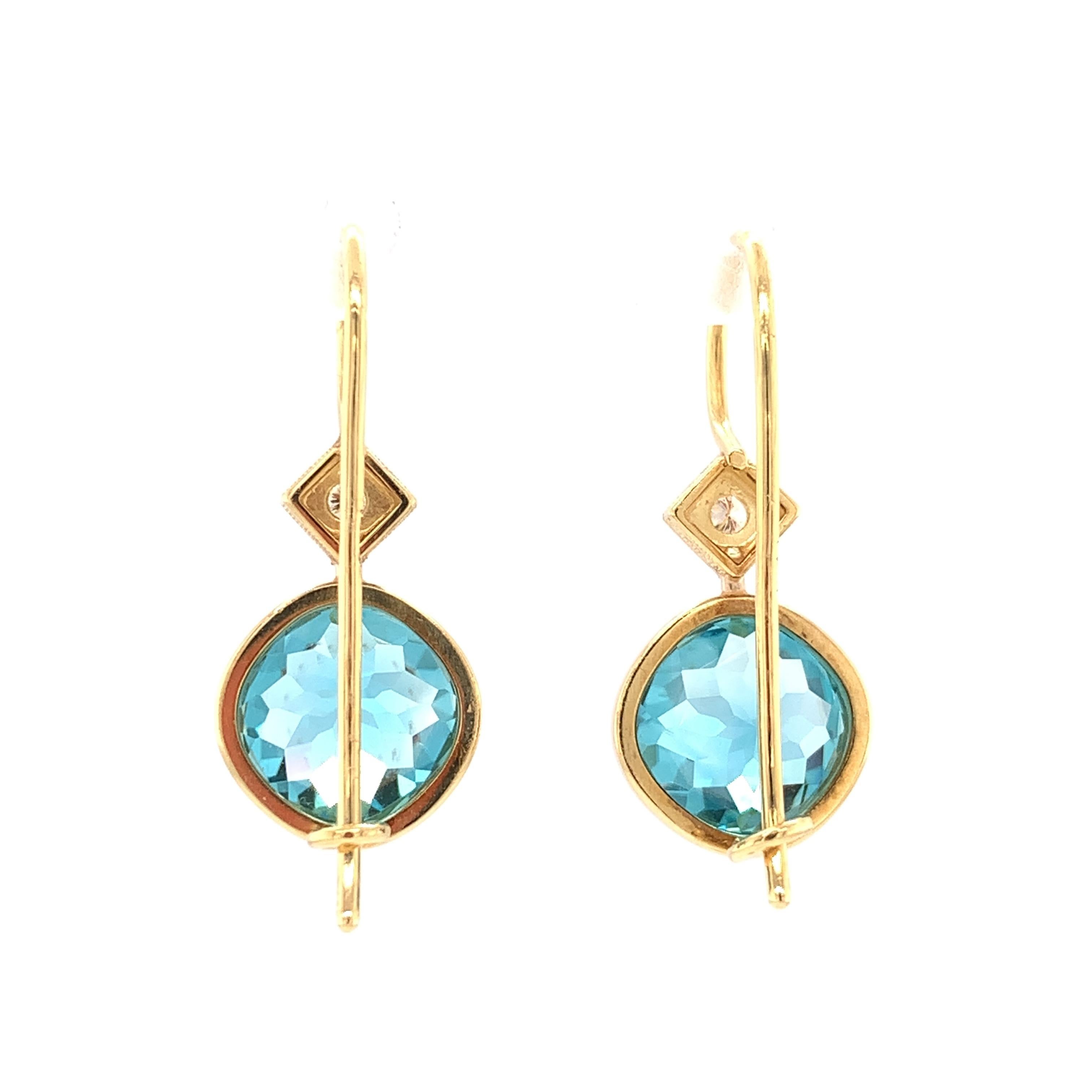 12.60 ct. t.w. Blue Zircon Diamond Yellow Gold Bezel Drop Dangle Earrings In New Condition In Los Angeles, CA