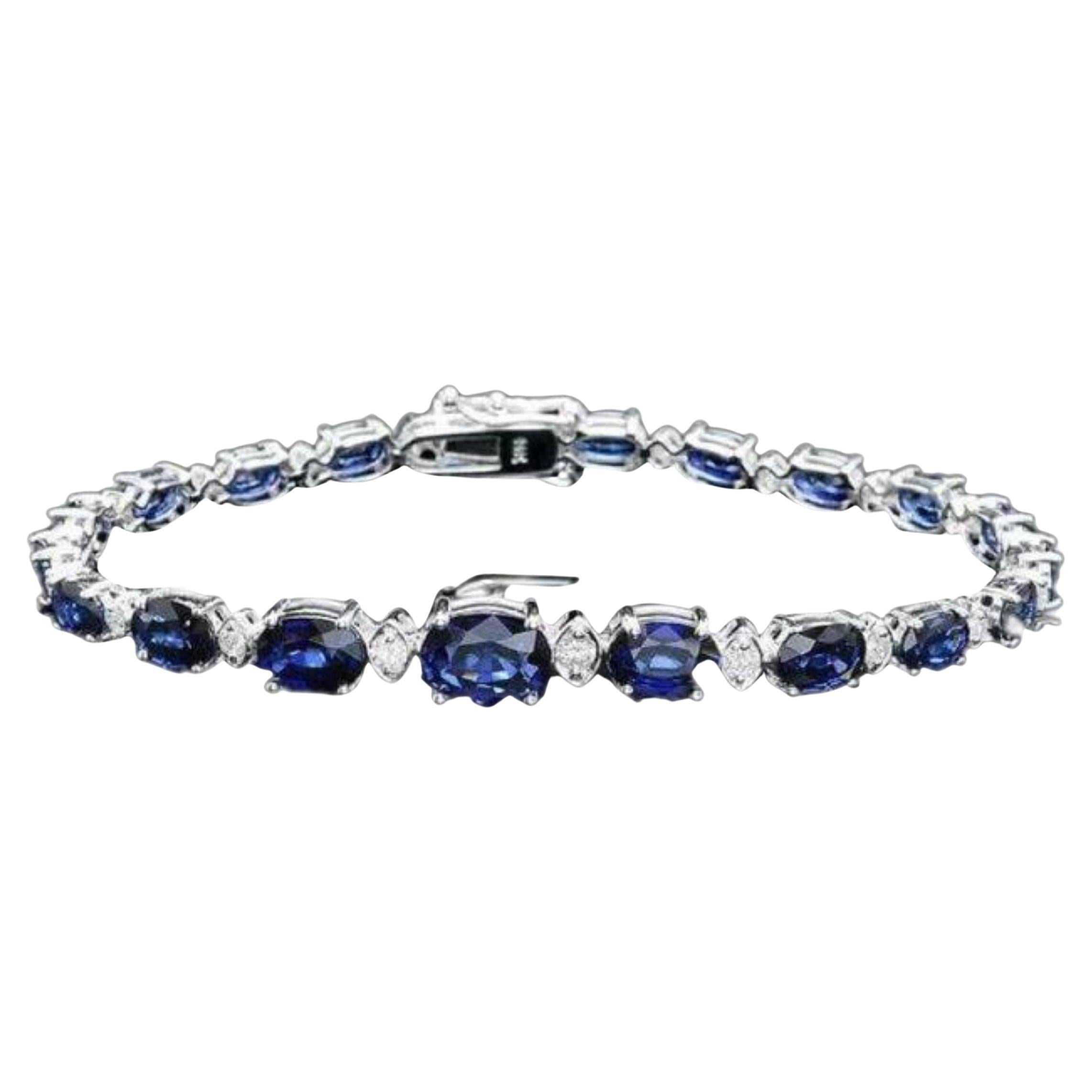 12.60 Natural Blue Sapphire and Diamond 14K Solid White Gold Bracelet For Sale