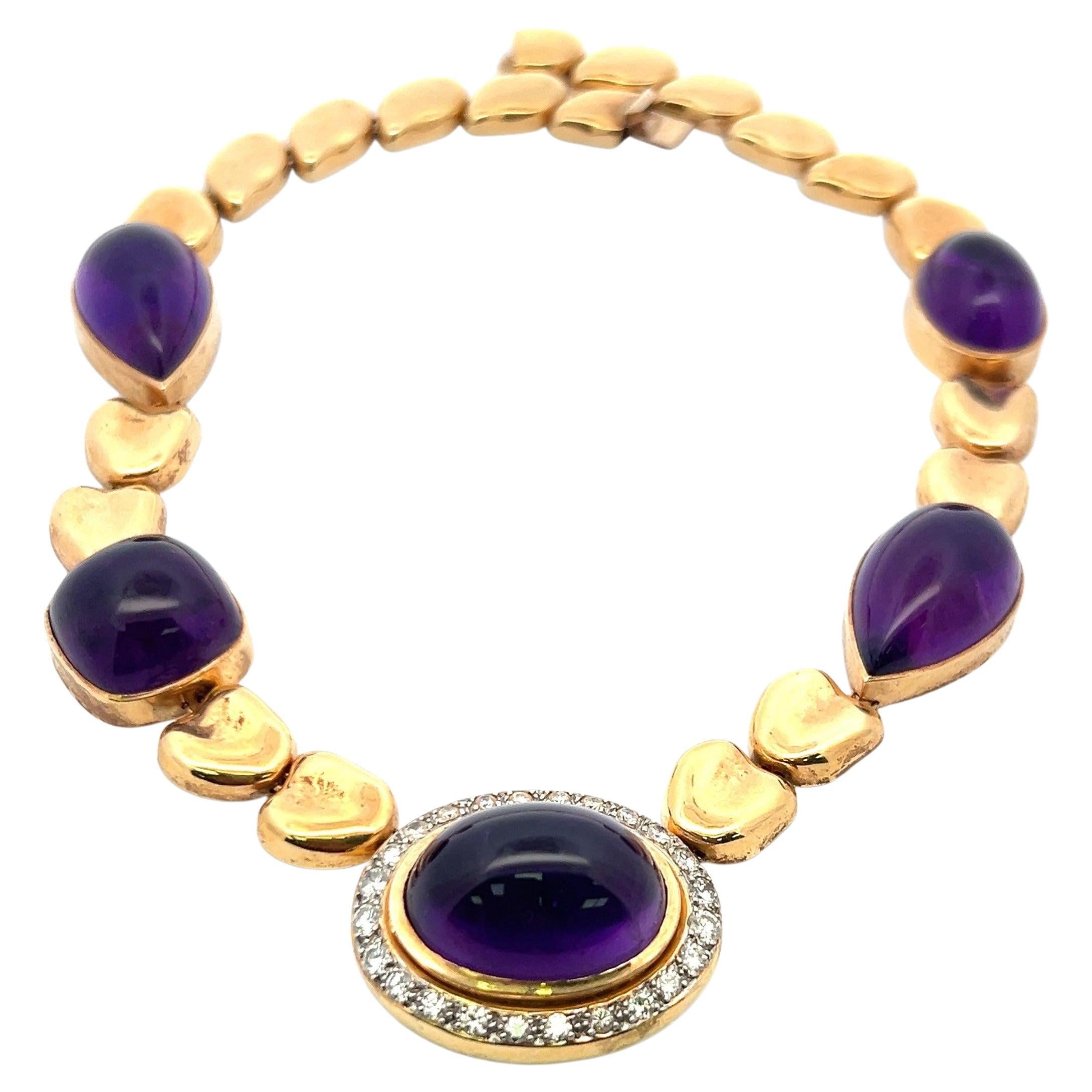 126.00 Carat Amethysts 1.55 Carat Diamond 18K YG Gems Stone Necklace