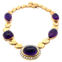 126.00 Carat Amethysts 1.55 Carat Diamond 18K YG Gems Stone Necklace