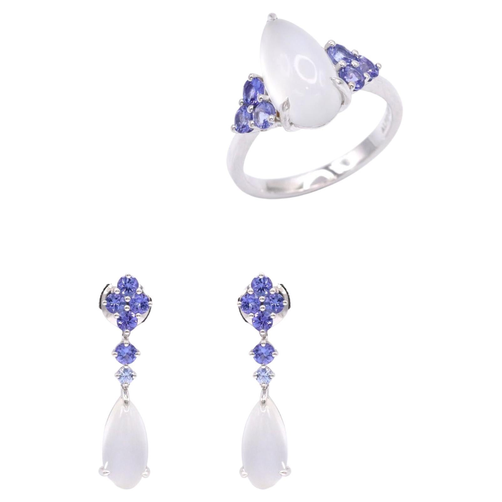 12.61 Carat Moonstone Tanzanite 18K White Gold Cocktail Ring Drop Earrings For Sale