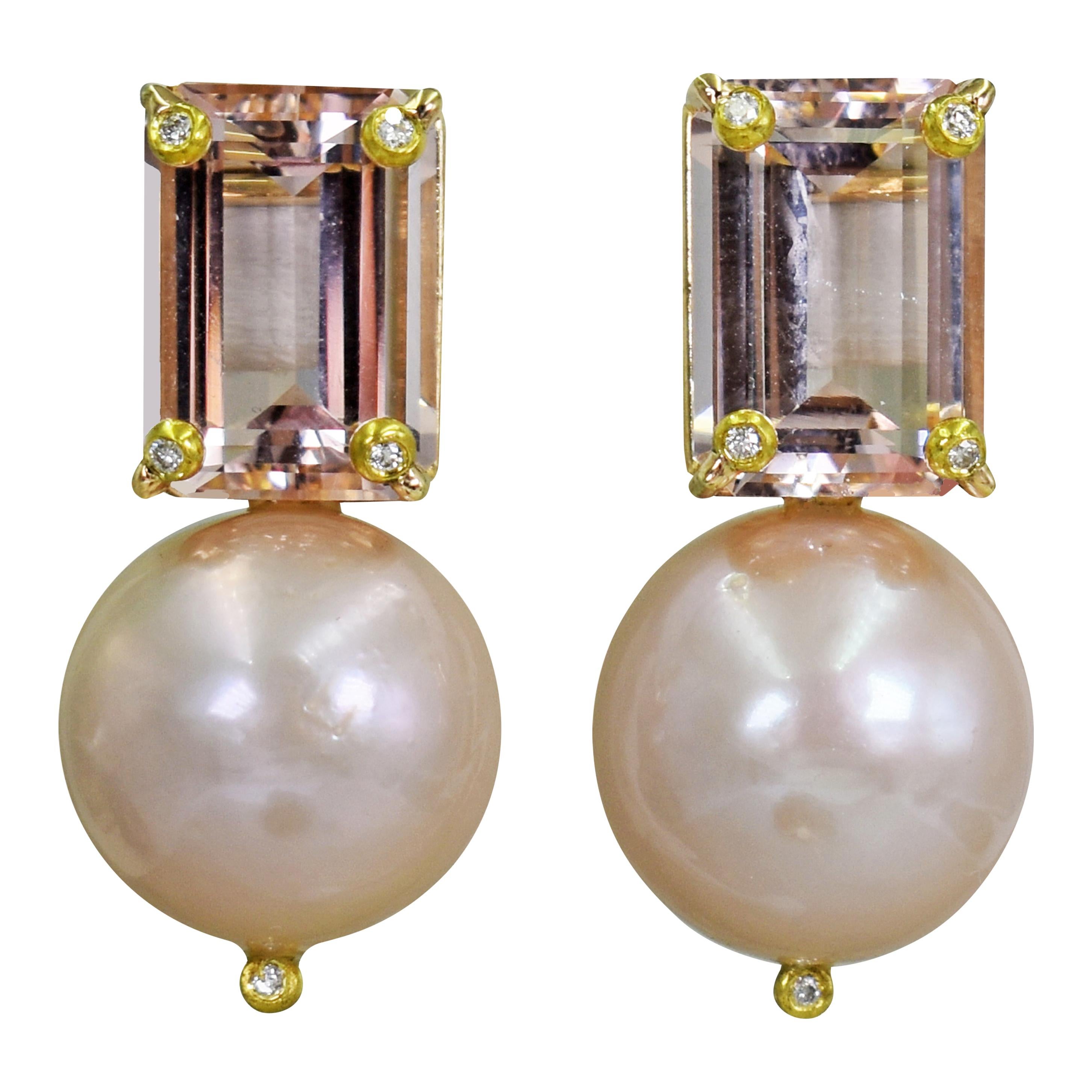 12.61 Carat Morganite, Diamond and Pink Pearl 14 Karat Gold Stud Earrings