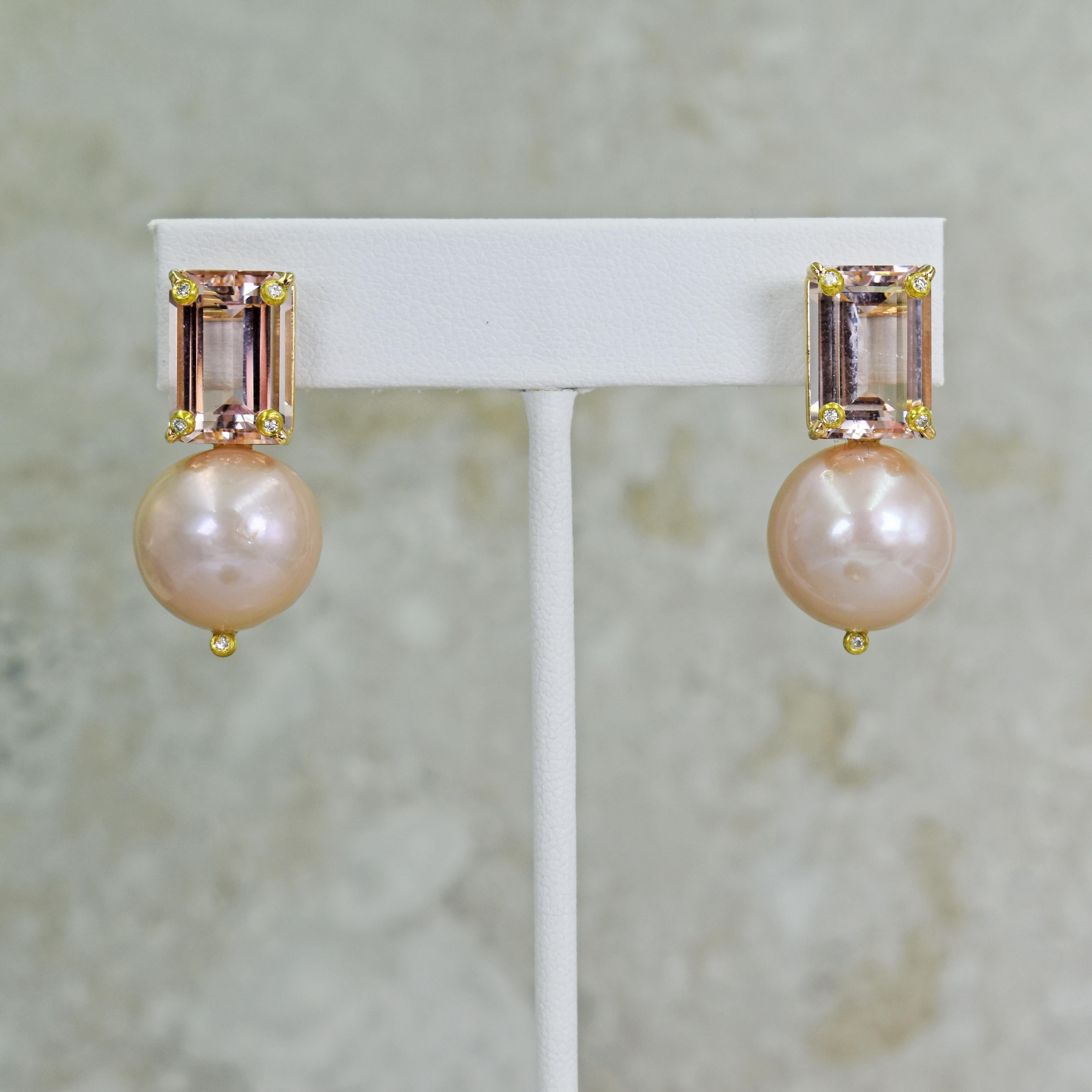 Emerald shaped 12.61 carat (total) pink Morganite, accent white Diamond and round, freshwater pink Pearls in 14k yellow gold stud drop earrings. Stud earrings are 1.25 inches in length. The beautiful, blush pink Morganite and Pearls paired with