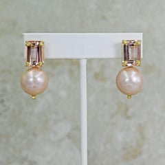 12.61 Carat Morganite, Diamond and Pink Pearl 14 Karat Gold Stud Earrings