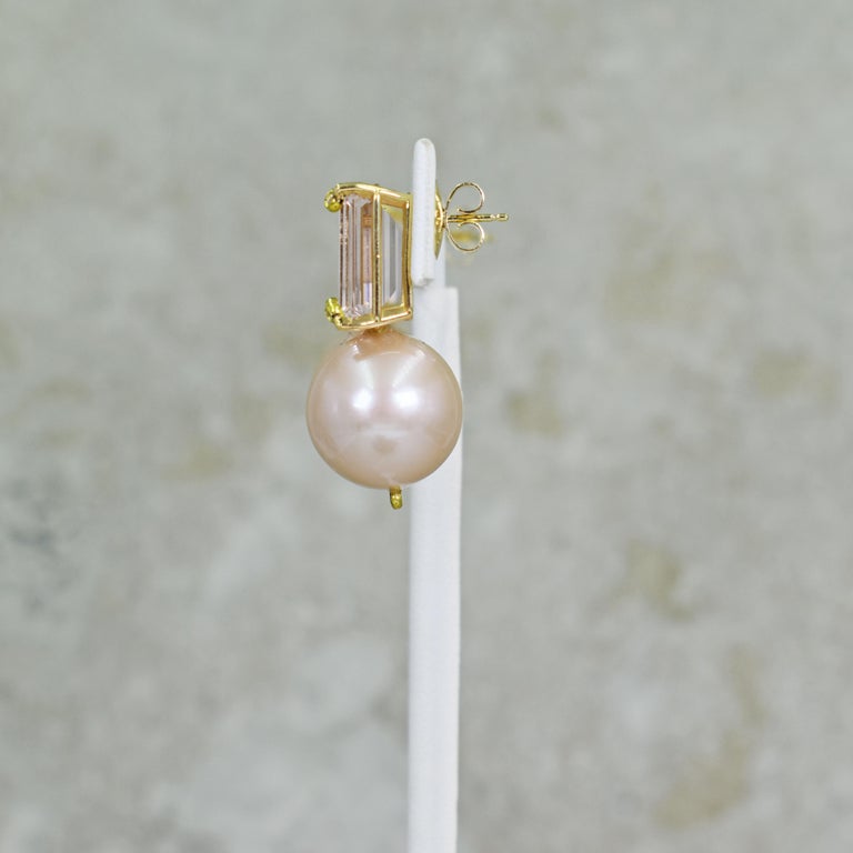Contemporary 12.61 Carat Morganite, Diamond and Pink Pearl 14 Karat Gold Stud Earrings For Sale