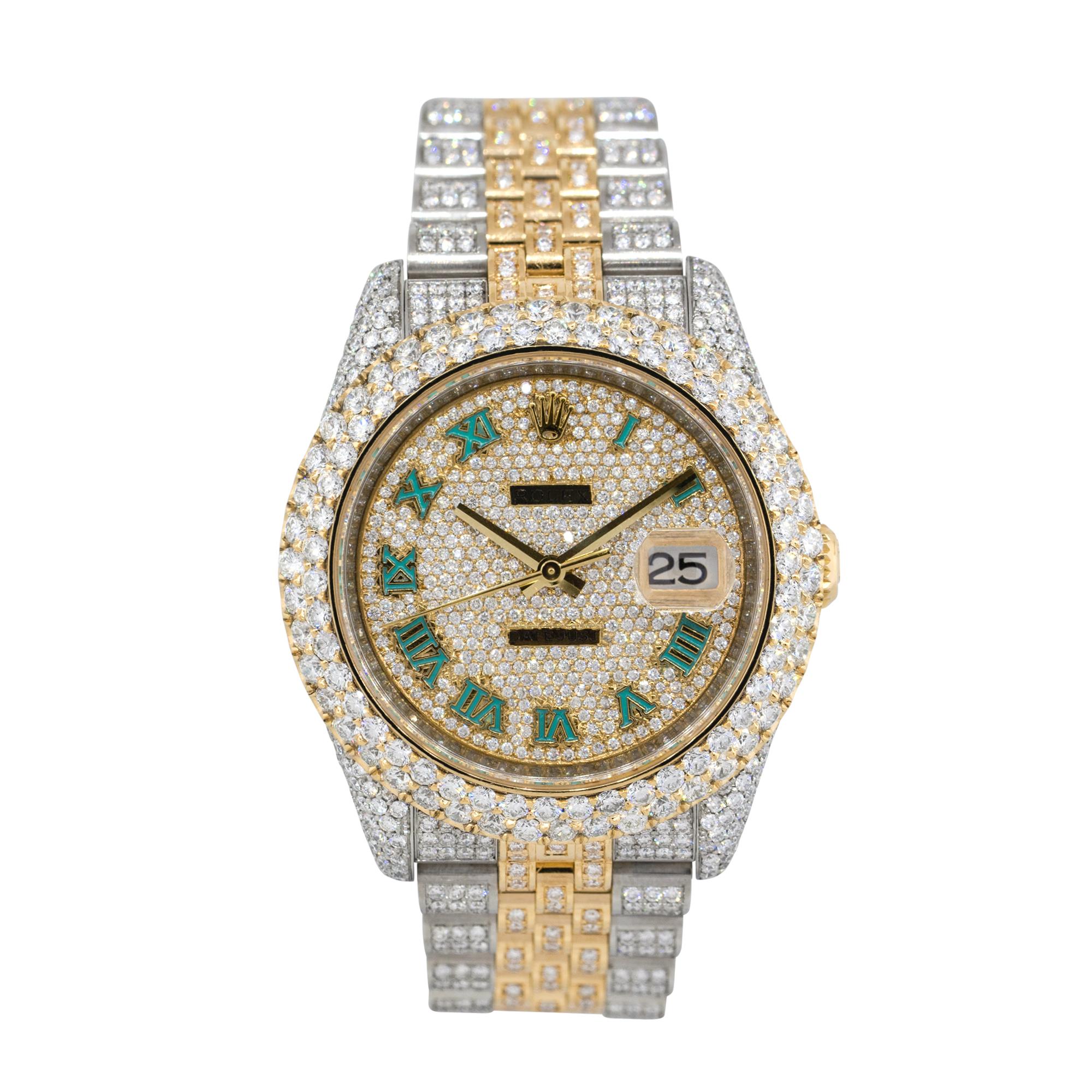 Brand: Rolex
MPN: 116233 
Model: Datejust
Case Material: Stainless steel with aftermarket Diamonds
Case Diameter: 36mm
Crystal: Sapphire Crystal
Bezel: Yellow gold bezel with double row of aftermarket Diamonds
Dial: Aftermarket Diamond pave dial