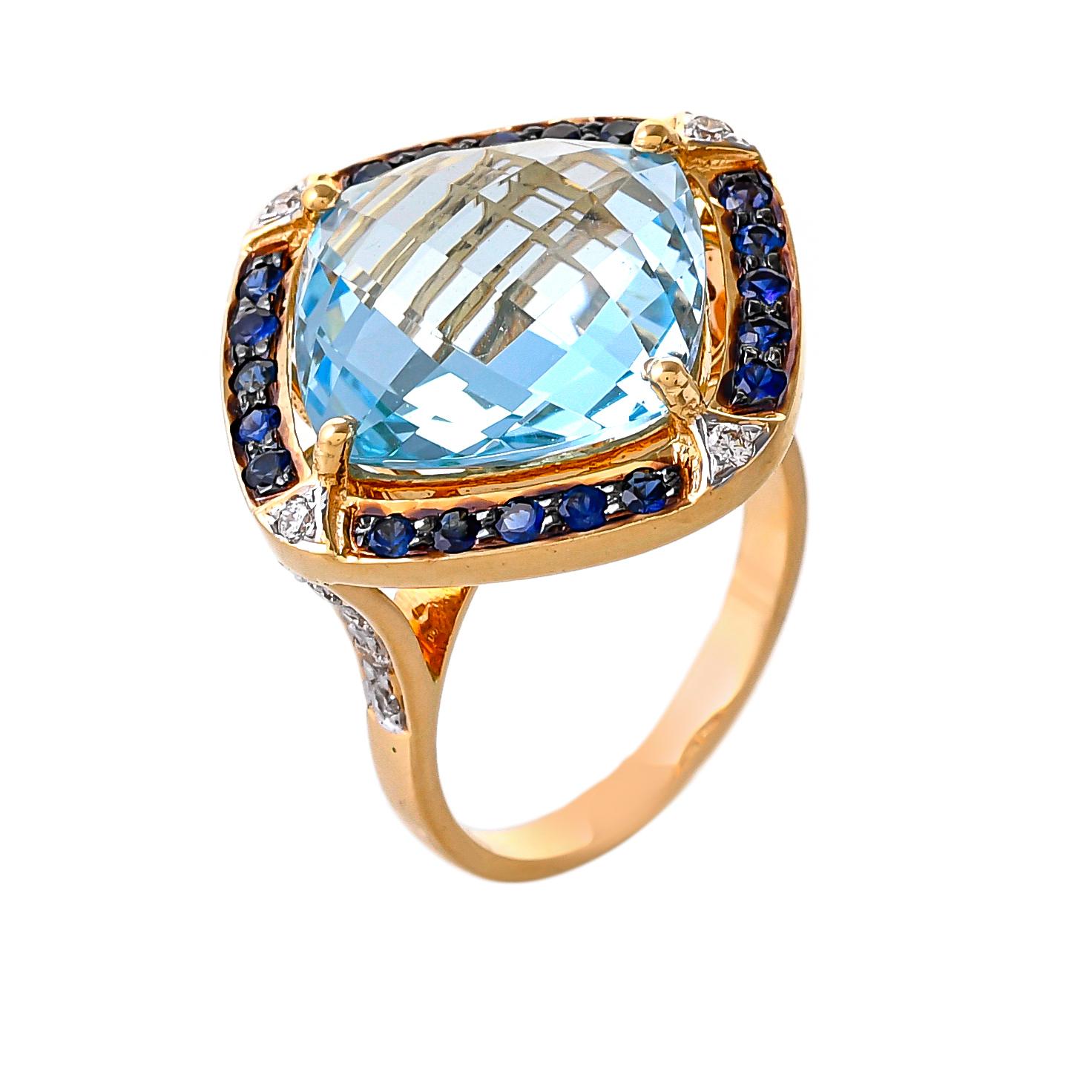 Briolette Cut 12.61 Carat Sky Blue Topaz Blue Sapphire and Diamond 18kt Yellow Gold Ring For Sale