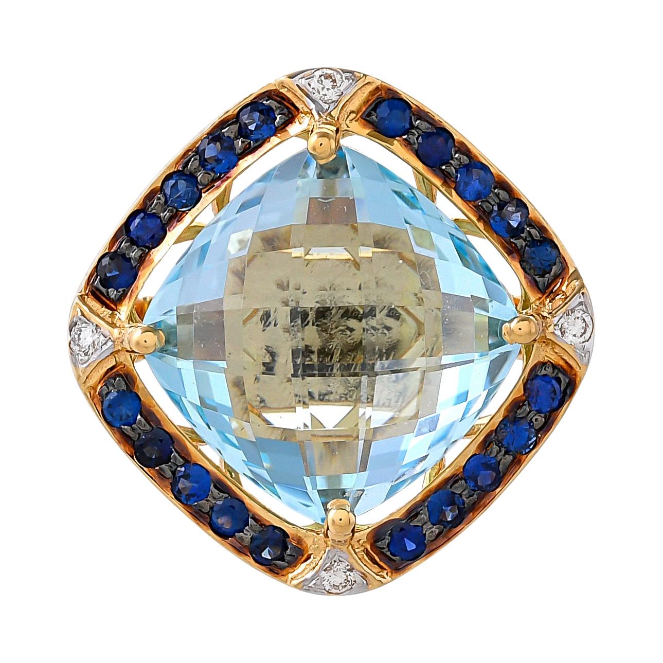 12.61 Carat Sky Blue Topaz Blue Sapphire and Diamond 18kt Yellow Gold Ring For Sale