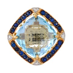 12.61 Carat Sky Blue Topaz Blue Sapphire and Diamond 18kt Yellow Gold Ring