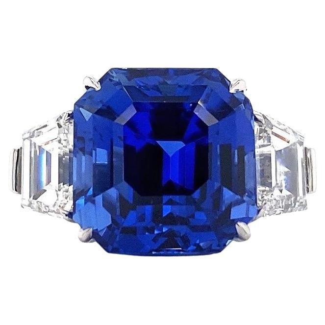 12.61 Carat Square Emerald Cut Blue Sapphire and Diamond Platinum Ring