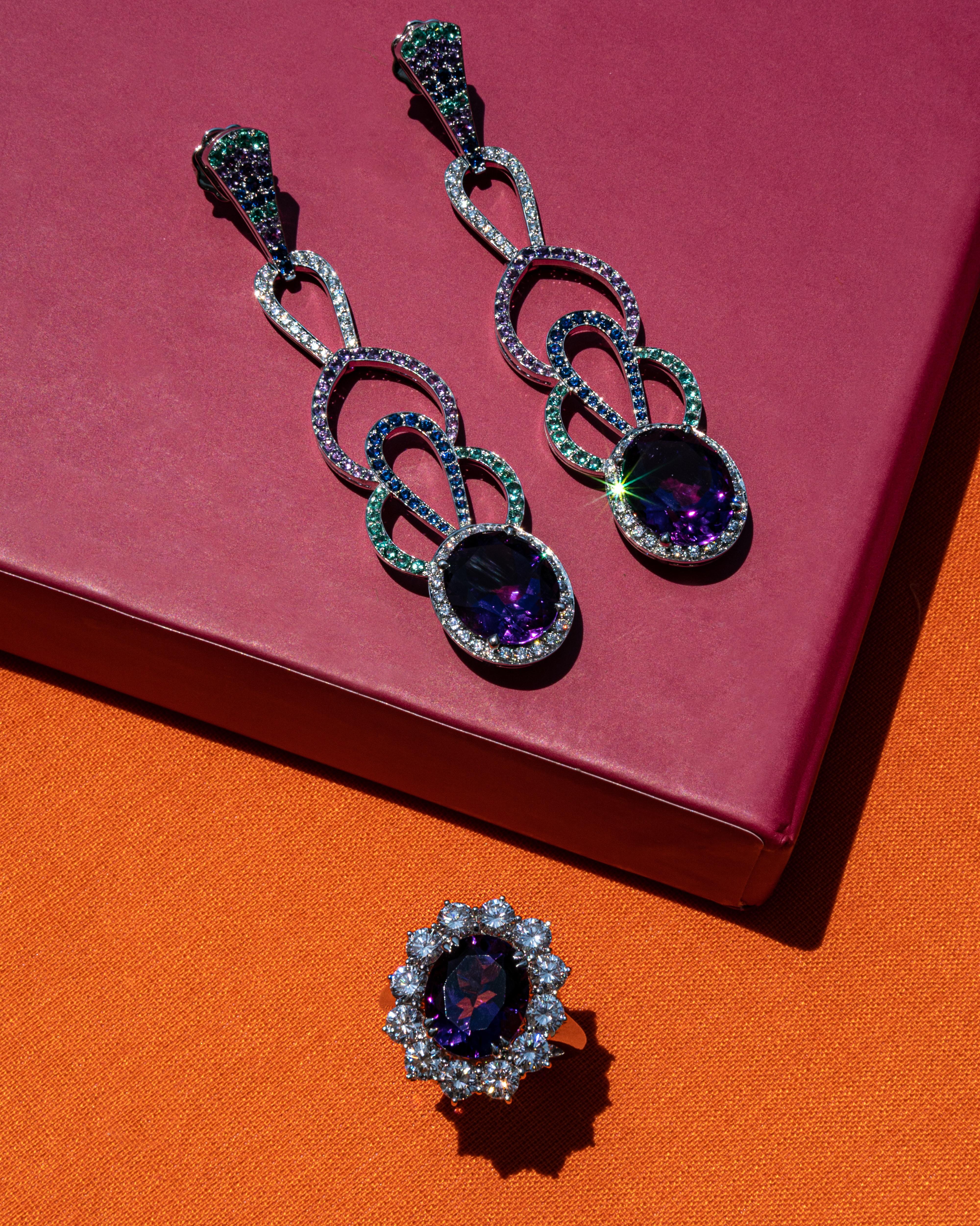 Round Cut 12.62 Carat Amethyst, Emerald, Colored Sapphire and Diamond Earrings in 18k Gold