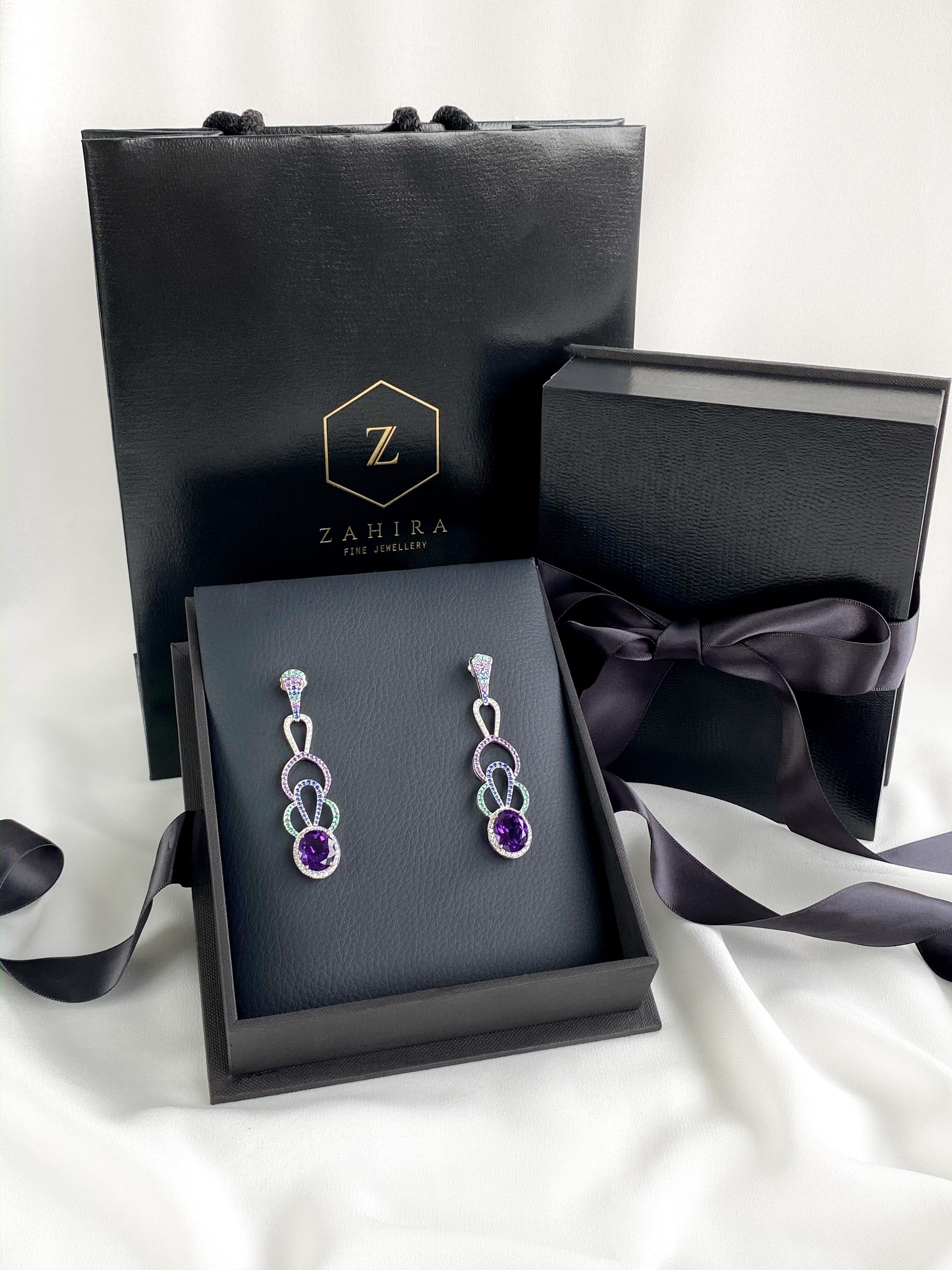 12.62 Carat Amethyst, Emerald, Colored Sapphire and Diamond Earrings in 18k Gold 2
