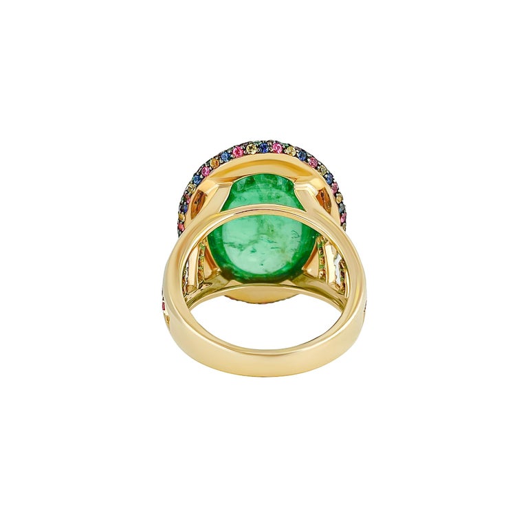 Art Deco 12.62 Carat Emerald Cabochon and Coloured Sapphire Halo Cocktail Ring in 18K For Sale