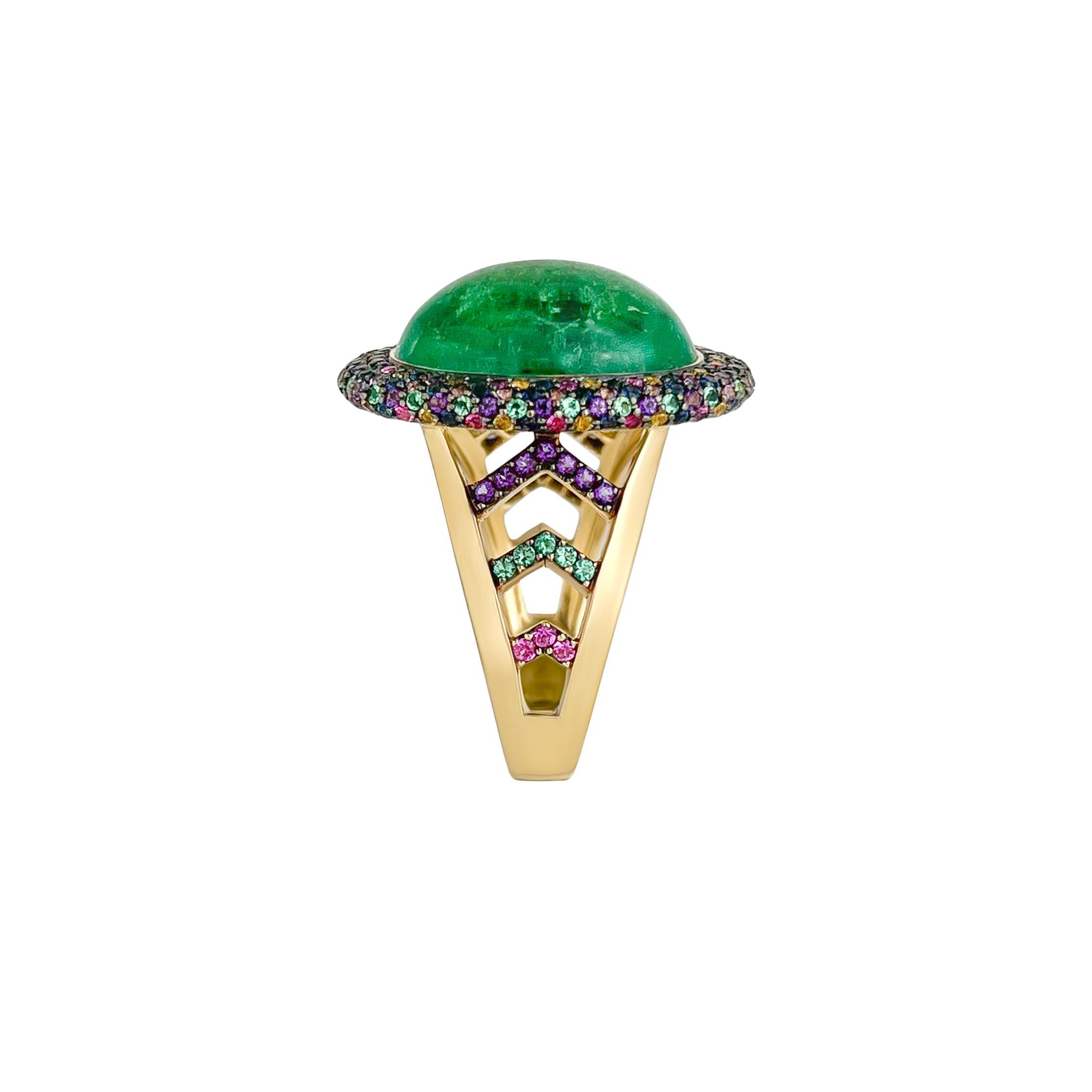 Art Deco 12.62 Carat Emerald Cabochon and Coloured Sapphire Halo Cocktail Ring in 18K For Sale