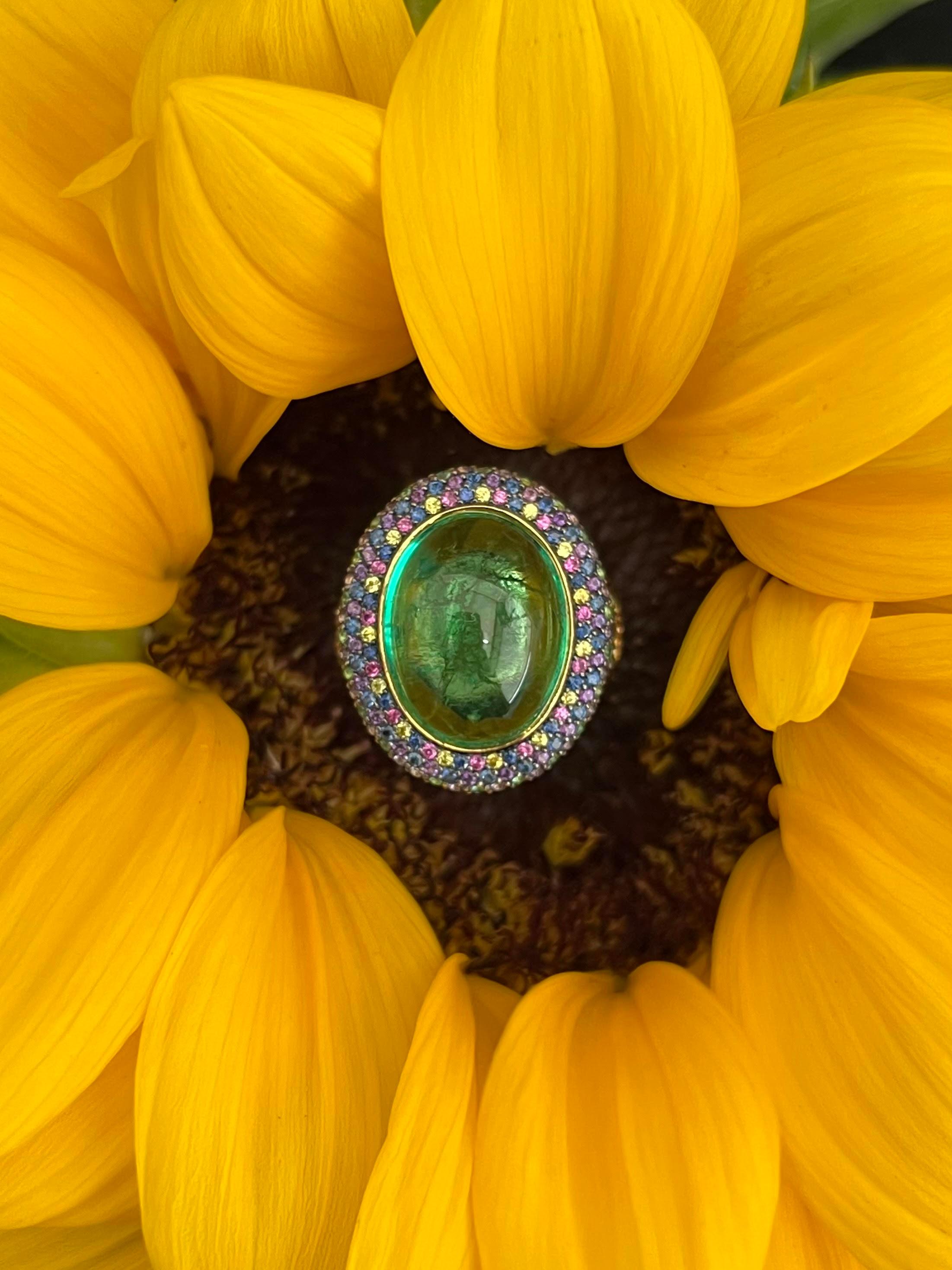 Women's 12.62 Carat Emerald Cabochon and Coloured Sapphire Halo Cocktail Ring in 18K For Sale