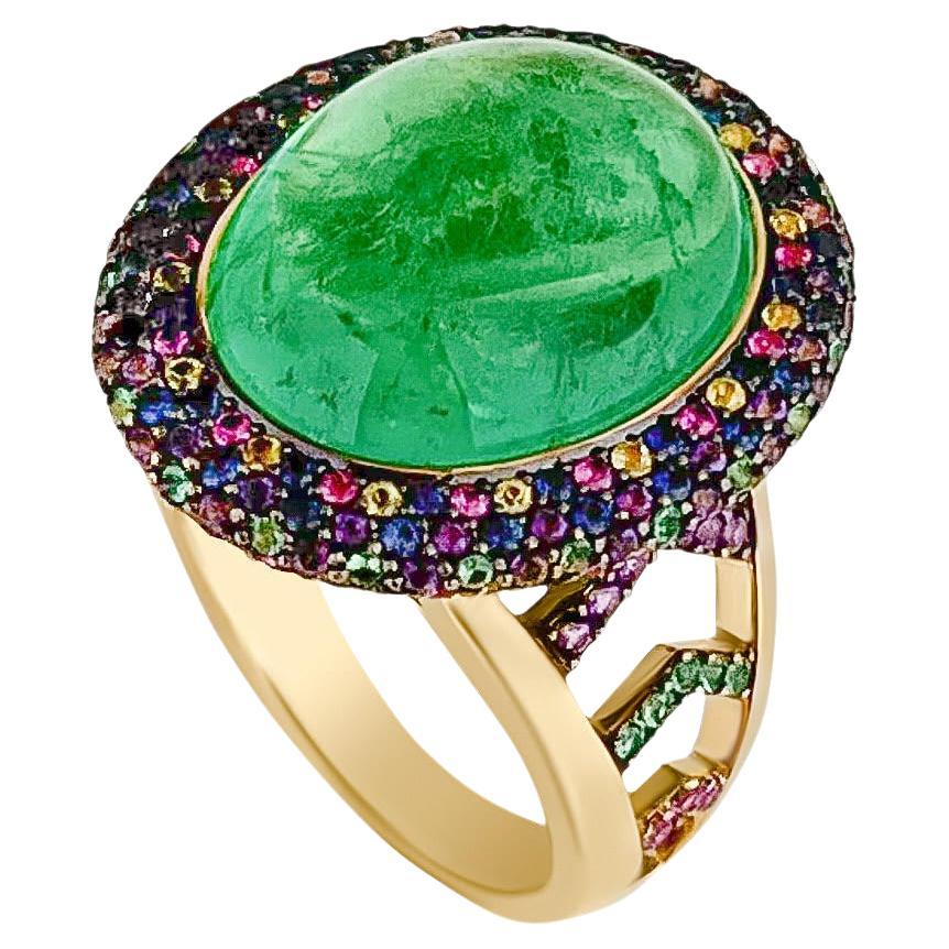 12.62 Carat Emerald Cabochon and Coloured Sapphire Halo Cocktail Ring in 18K