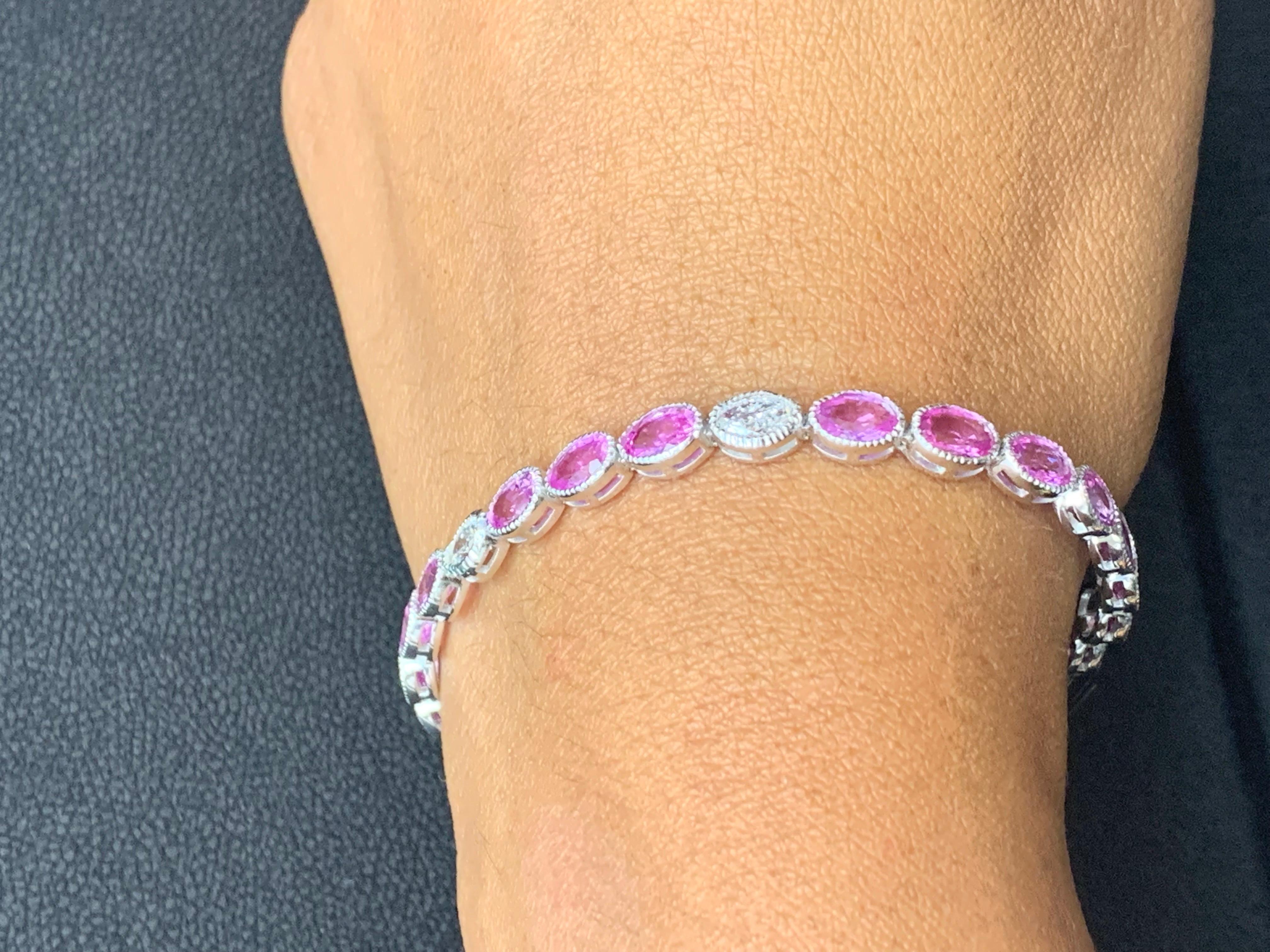12.62 Carat Oval Cut Pink Sapphire and Diamond Tennis Bracelet in 14K White Gold For Sale 2