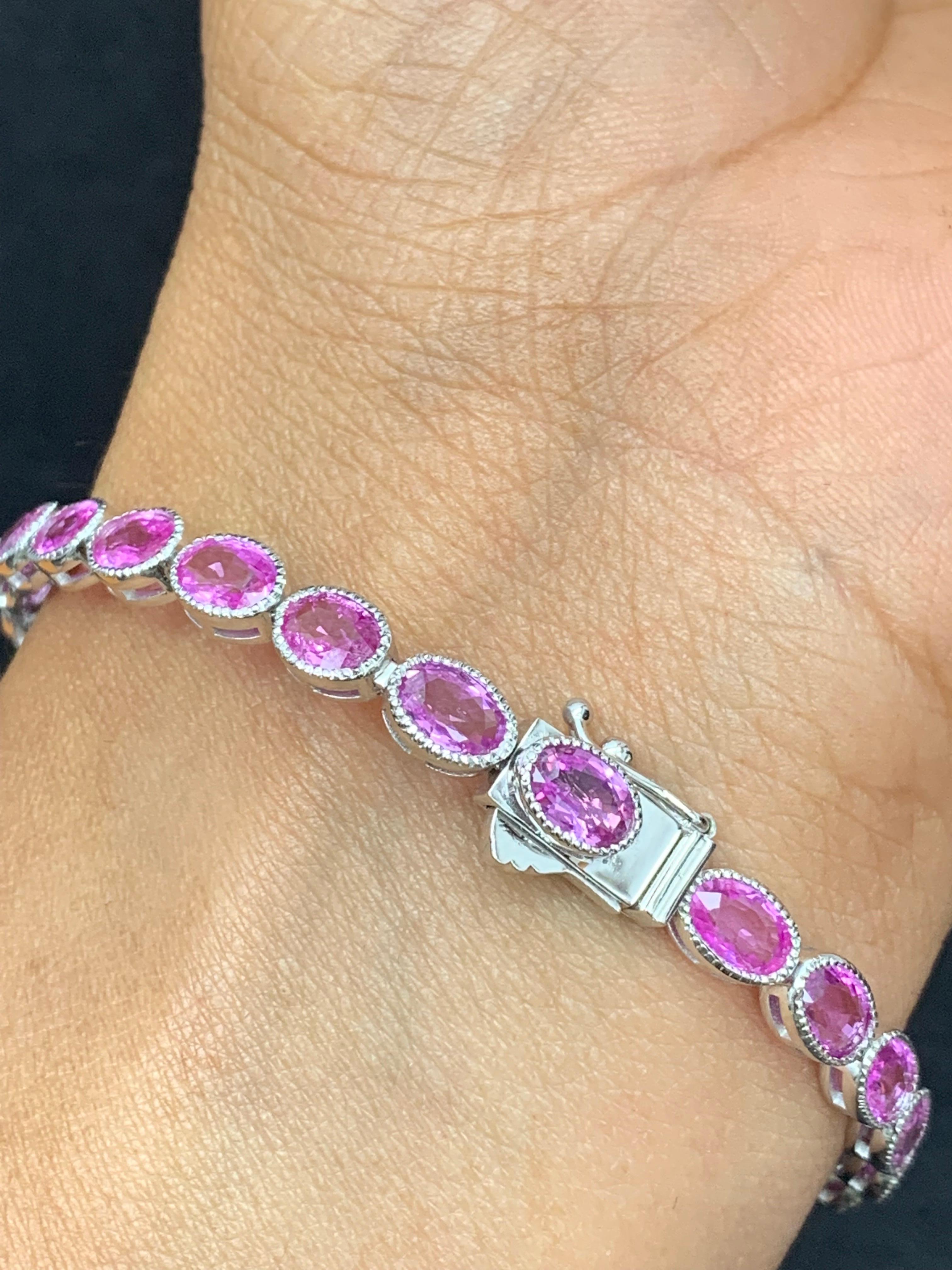 12.62 Carat Oval Cut Pink Sapphire and Diamond Tennis Bracelet in 14K White Gold For Sale 4