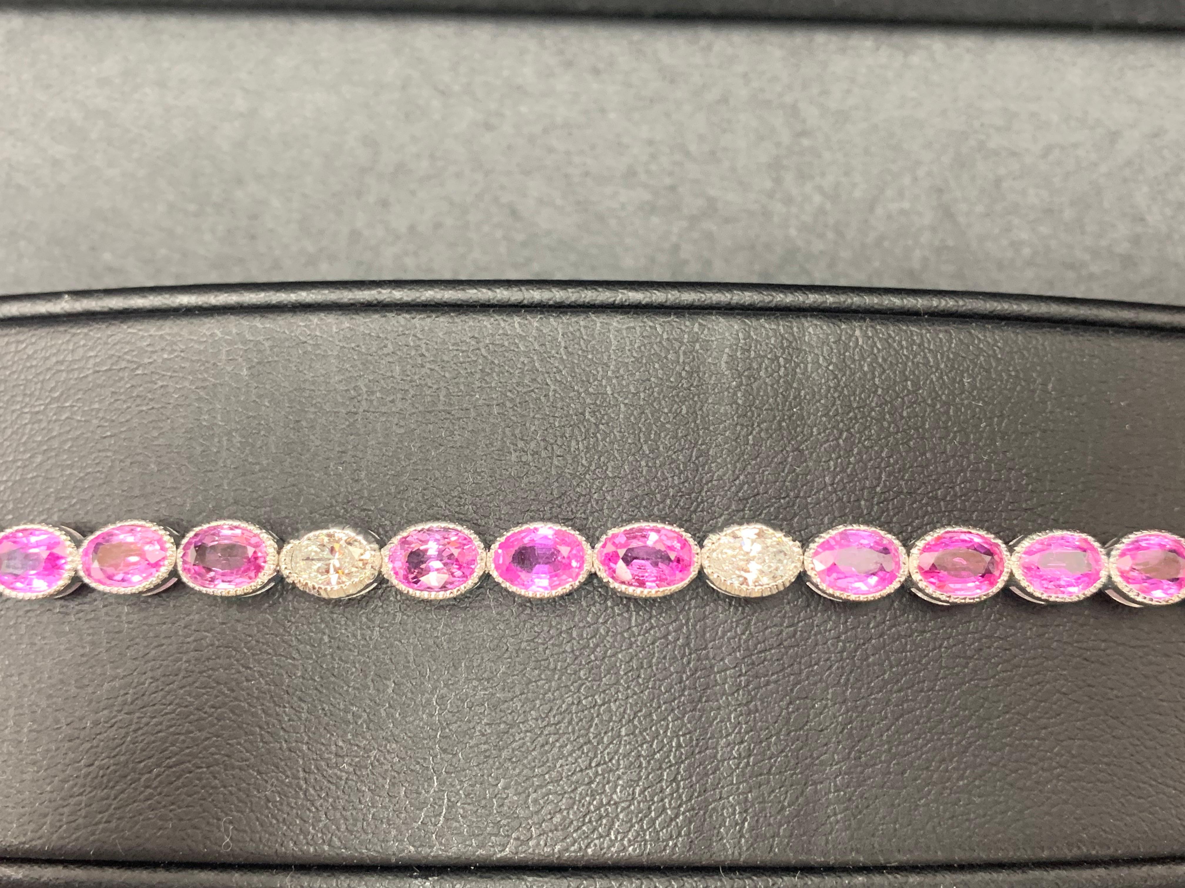 Modern 12.62 Carat Oval Cut Pink Sapphire and Diamond Tennis Bracelet in 14K White Gold For Sale