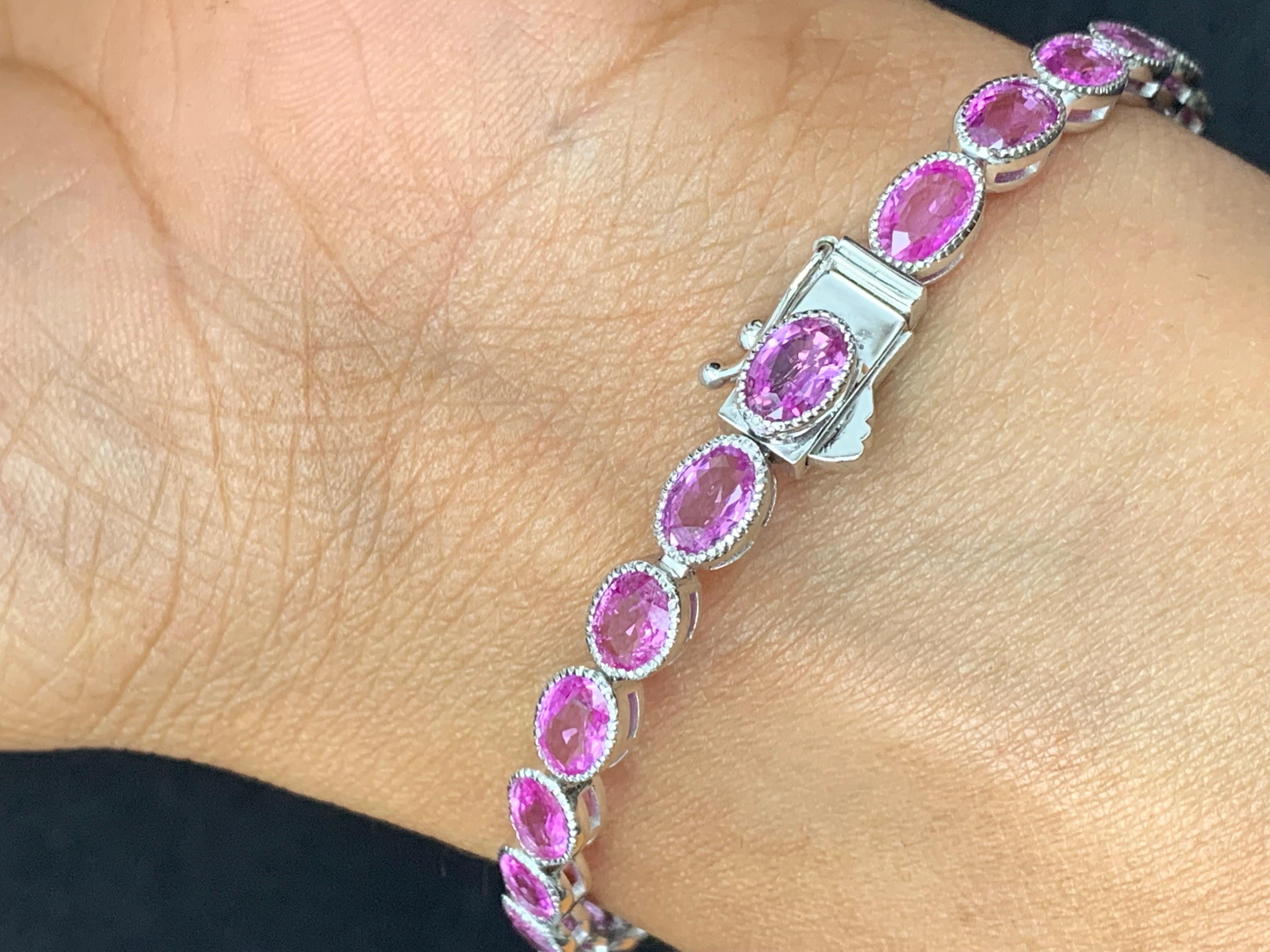 12.62 Carat Oval Cut Pink Sapphire and Diamond Tennis Bracelet in 14K White Gold In New Condition For Sale In NEW YORK, NY