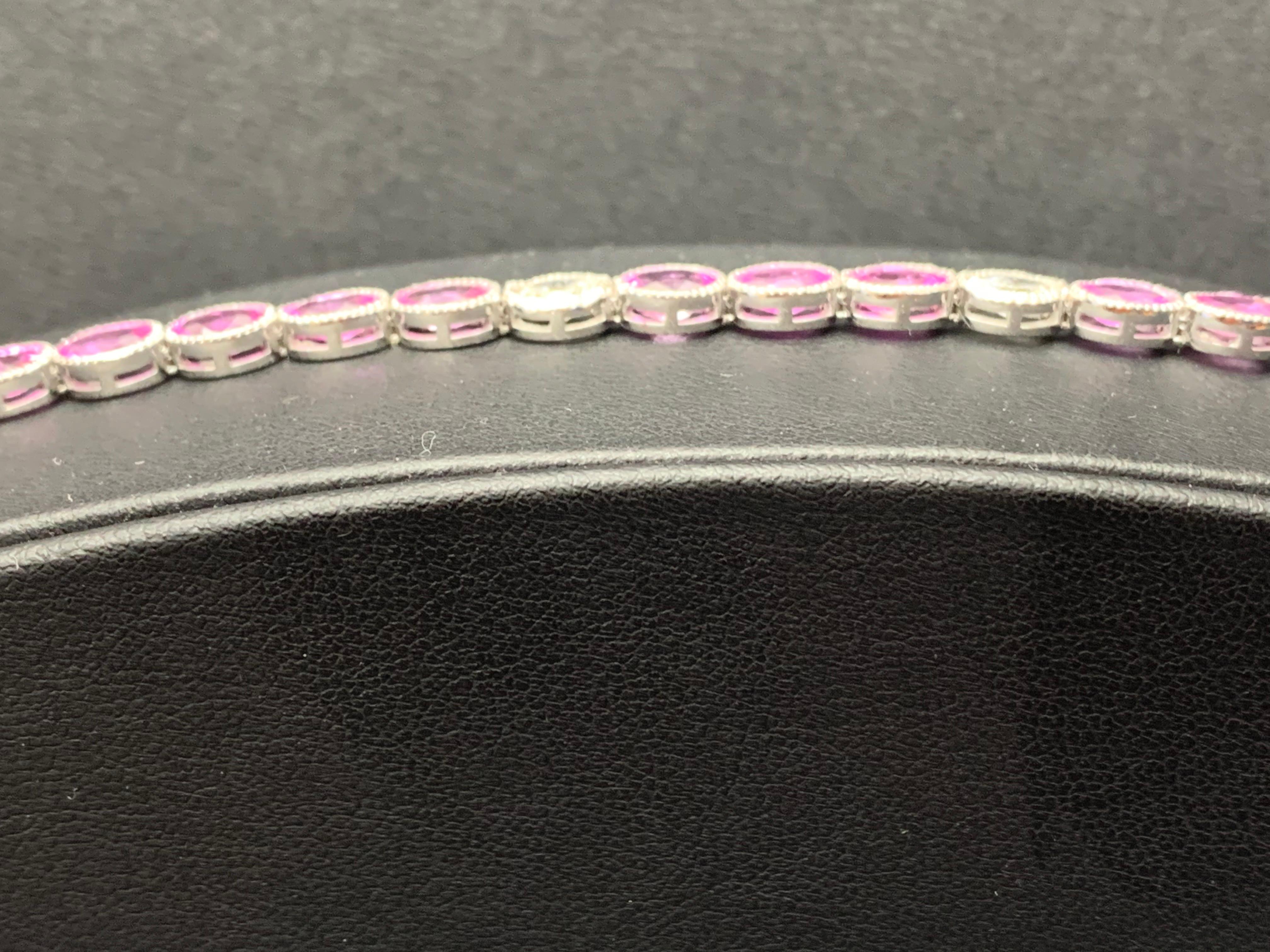 Women's 12.62 Carat Oval Cut Pink Sapphire and Diamond Tennis Bracelet in 14K White Gold For Sale