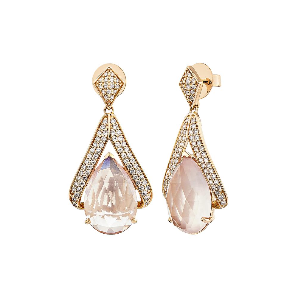 Pear Cut 12.63 Carat Rose Quartz Drop Earring in 18Karat Rose Gold with White Diamond. For Sale