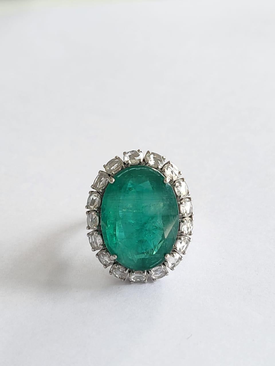 Women's or Men's 12.63 Carats Natural Zambian Emerald & Rose Cut Diamond Cocktail Engagement Ring