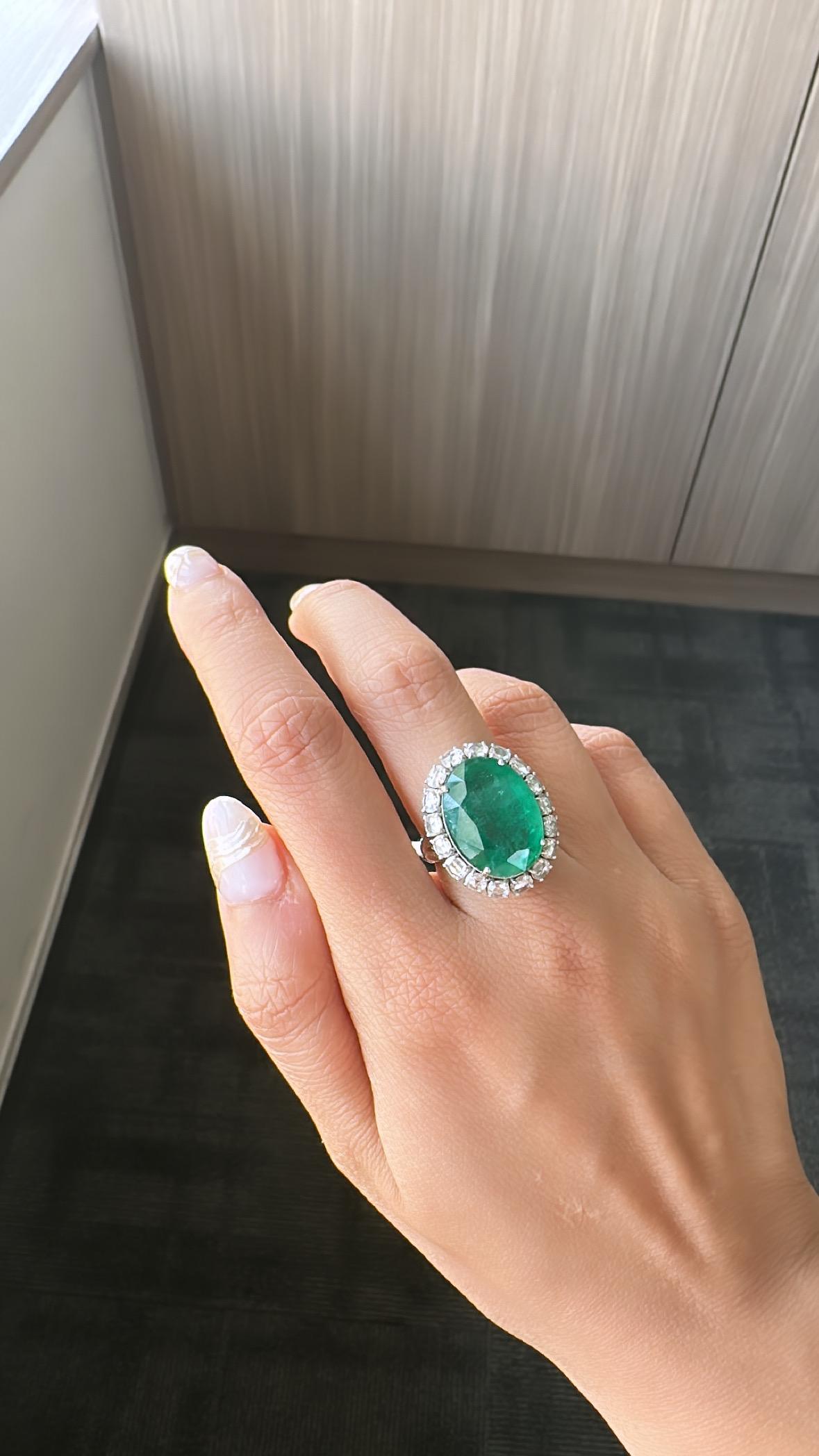 12.63 Carats Natural Zambian Emerald & Rose Cut Diamond Cocktail Engagement Ring 1