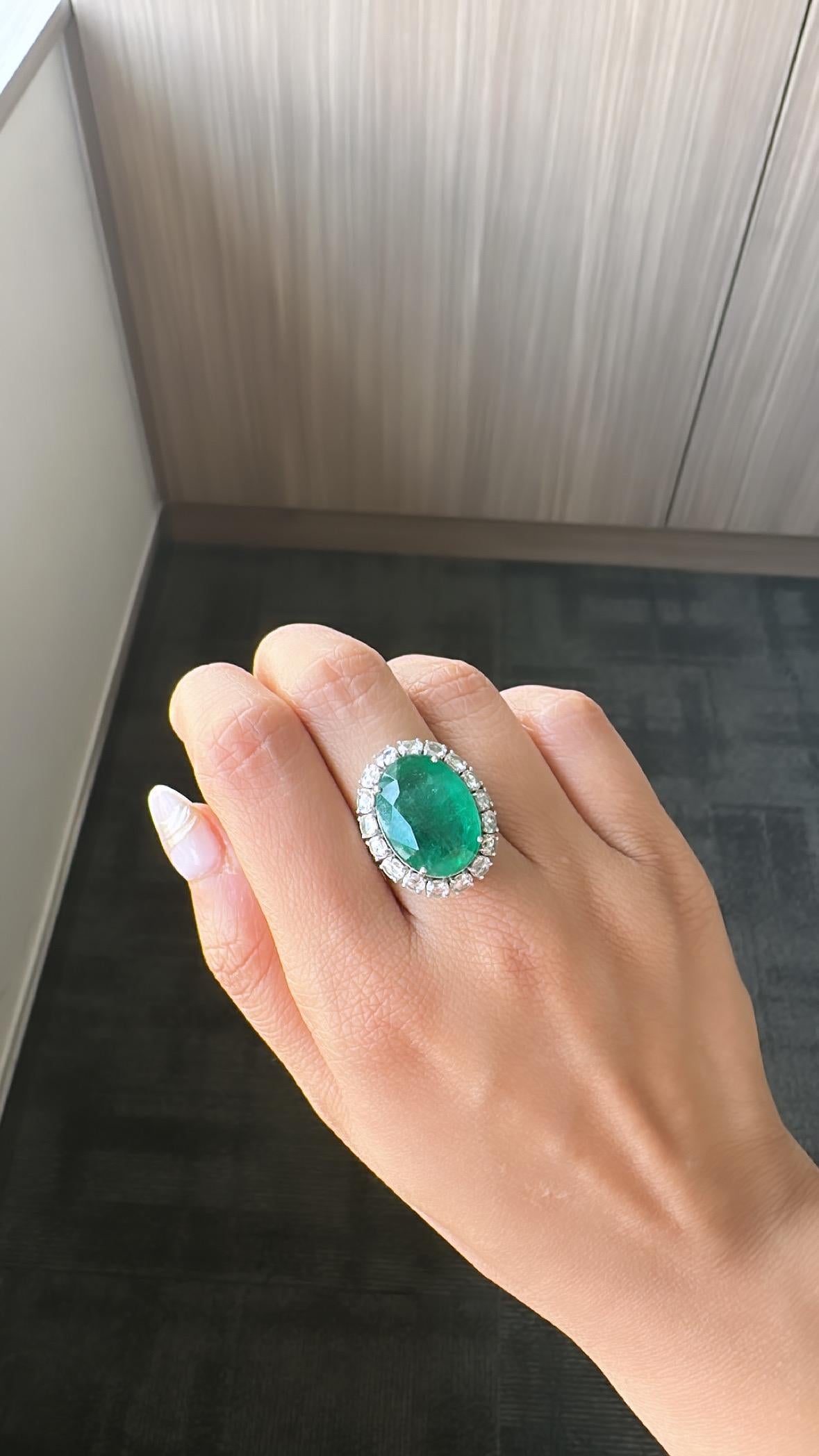 12.63 Carats Natural Zambian Emerald & Rose Cut Diamond Cocktail Engagement Ring 2