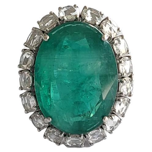 12.63 Carats Natural Zambian Emerald & Rose Cut Diamond Cocktail Engagement Ring