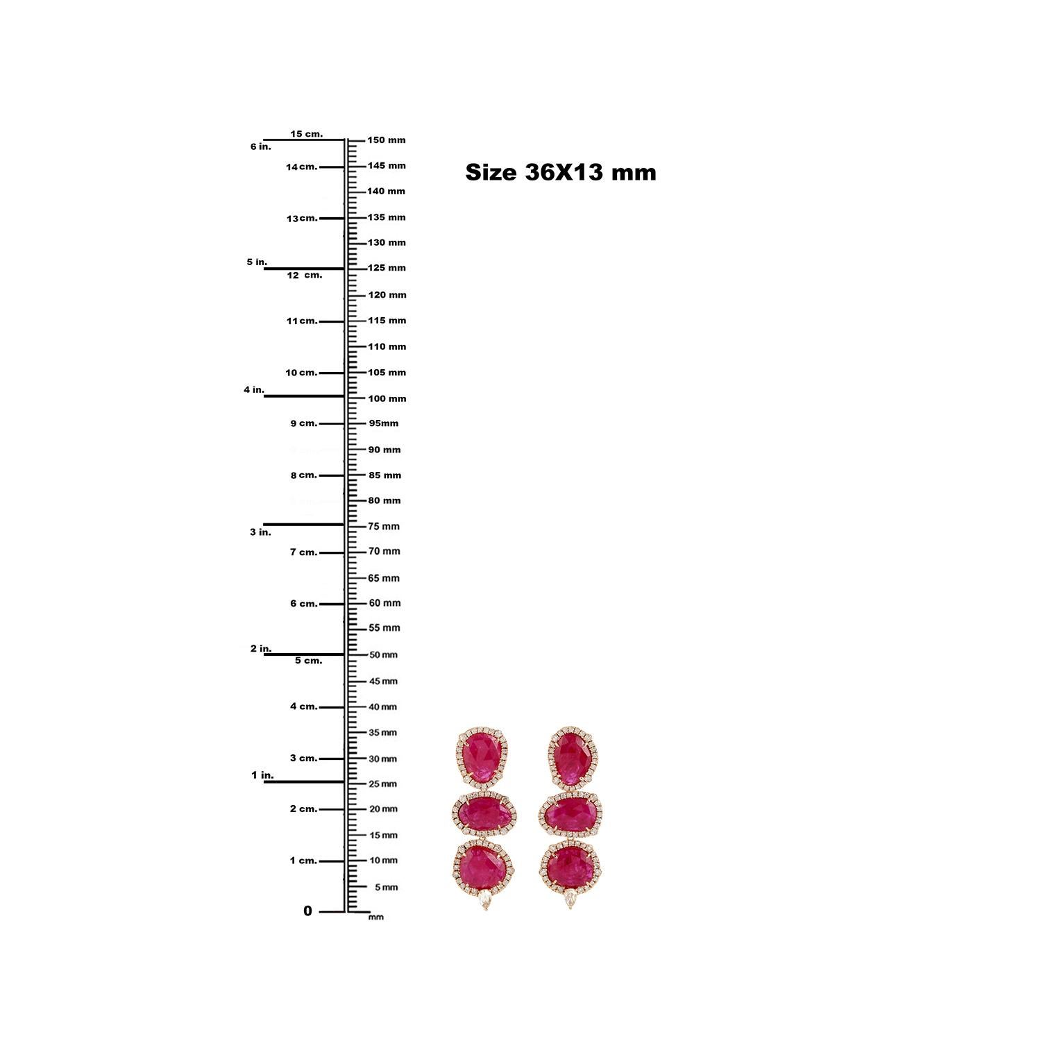 Mixed Cut 12.63ct Ruby 3 Tier Dangle Earrings With Diamonds Made In 18k Yellow Gold For Sale