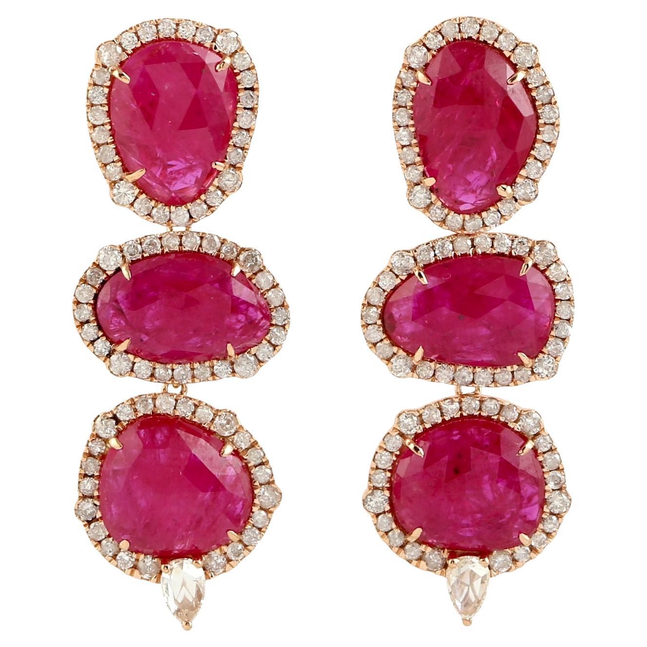 12.63ct Ruby 3 Tier Dangle Earrings With Diamonds Made In 18k Yellow Gold