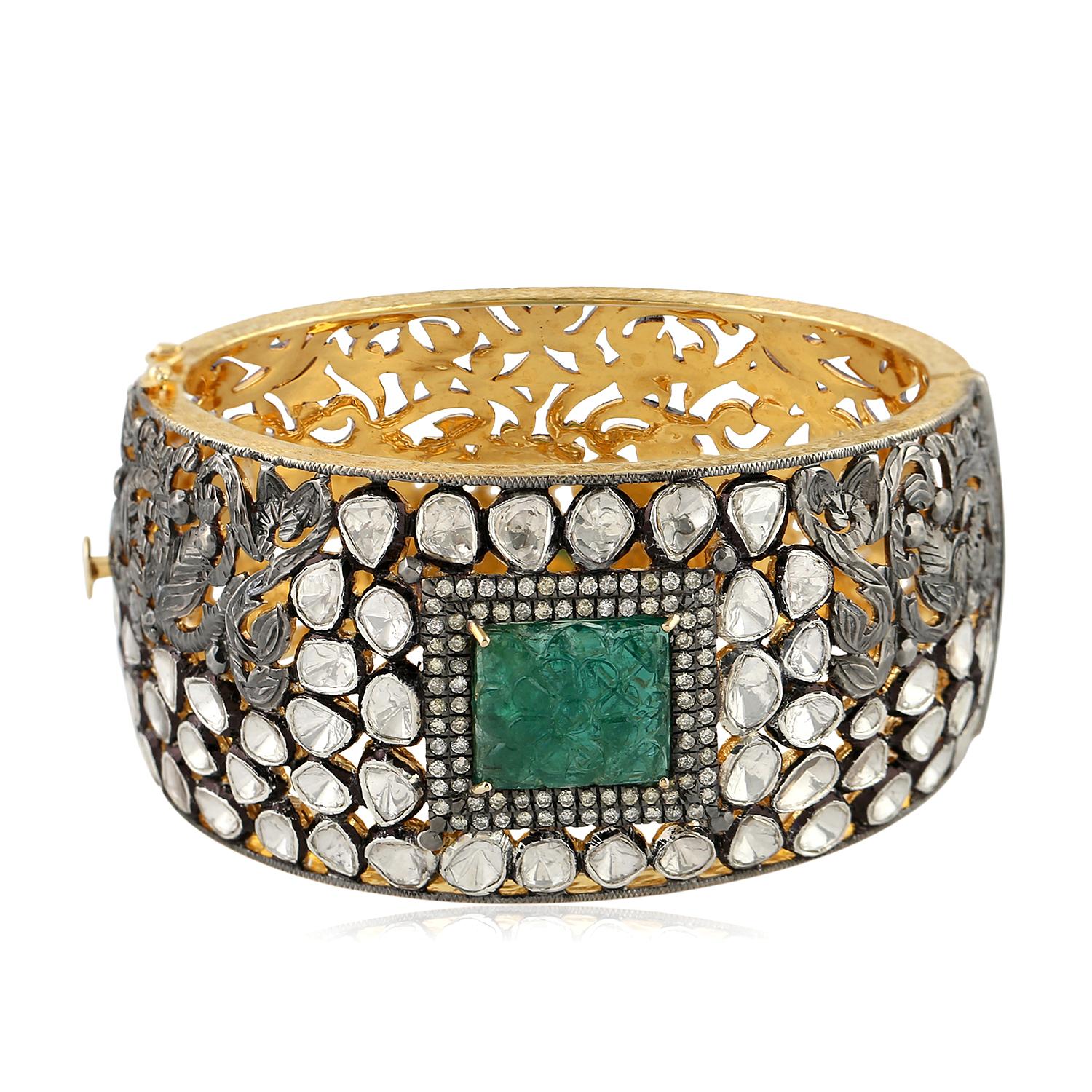 Artisan 12.64 Carat Rose Cut Diamond Emerald Bracelet Cuff For Sale