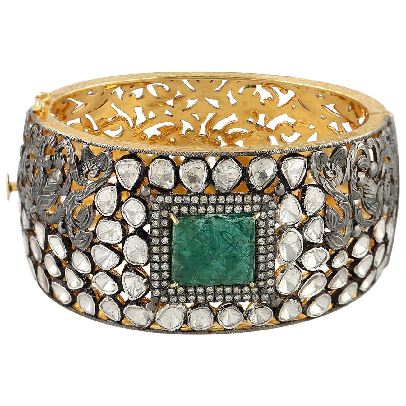 12.64 Carat Rose Cut Diamond Emerald Bracelet Cuff