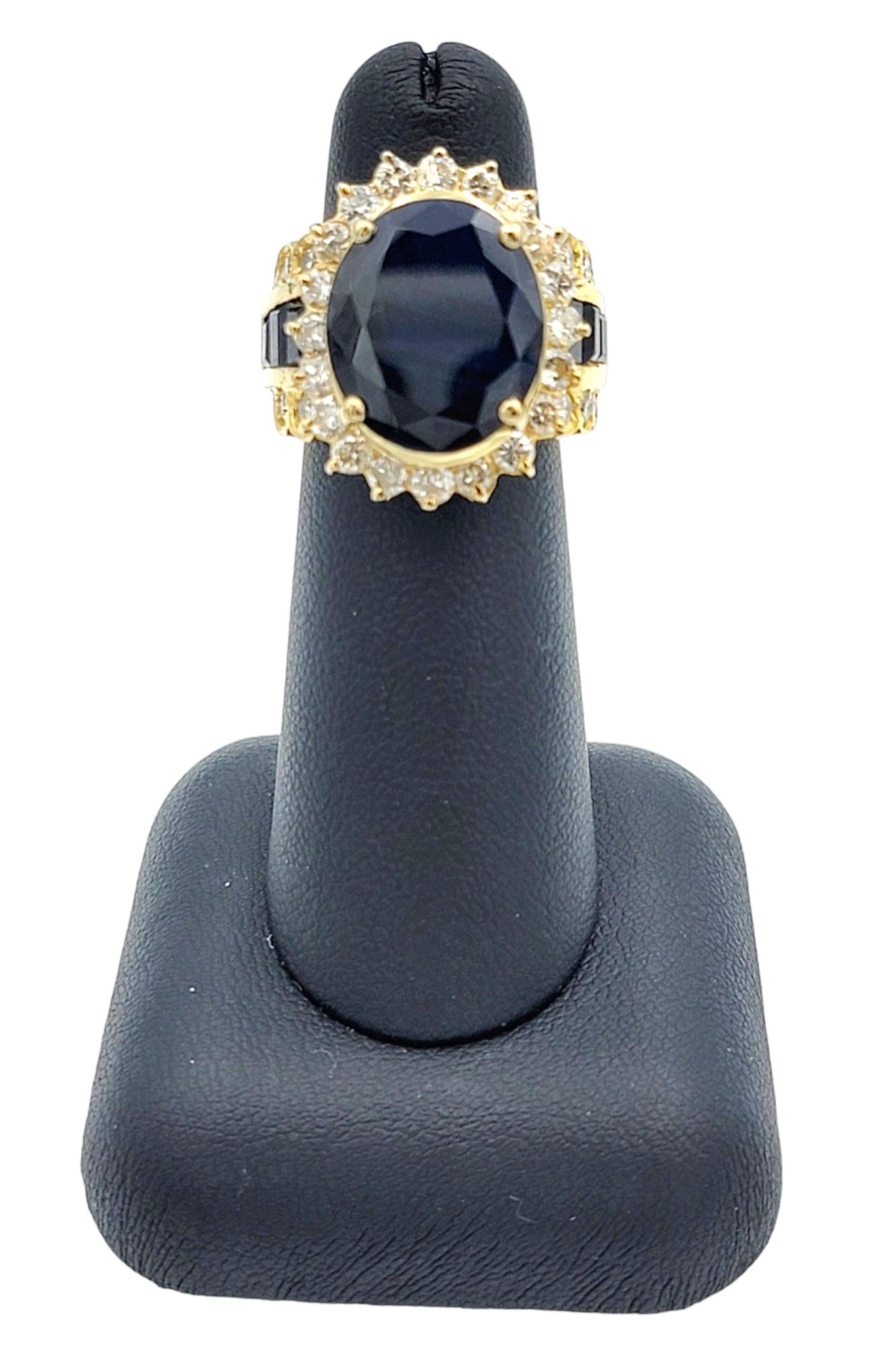 12.64 Carat Total Blue Sapphire and Diamond Halo Cocktail Ring 18K Yellow Gold For Sale 5