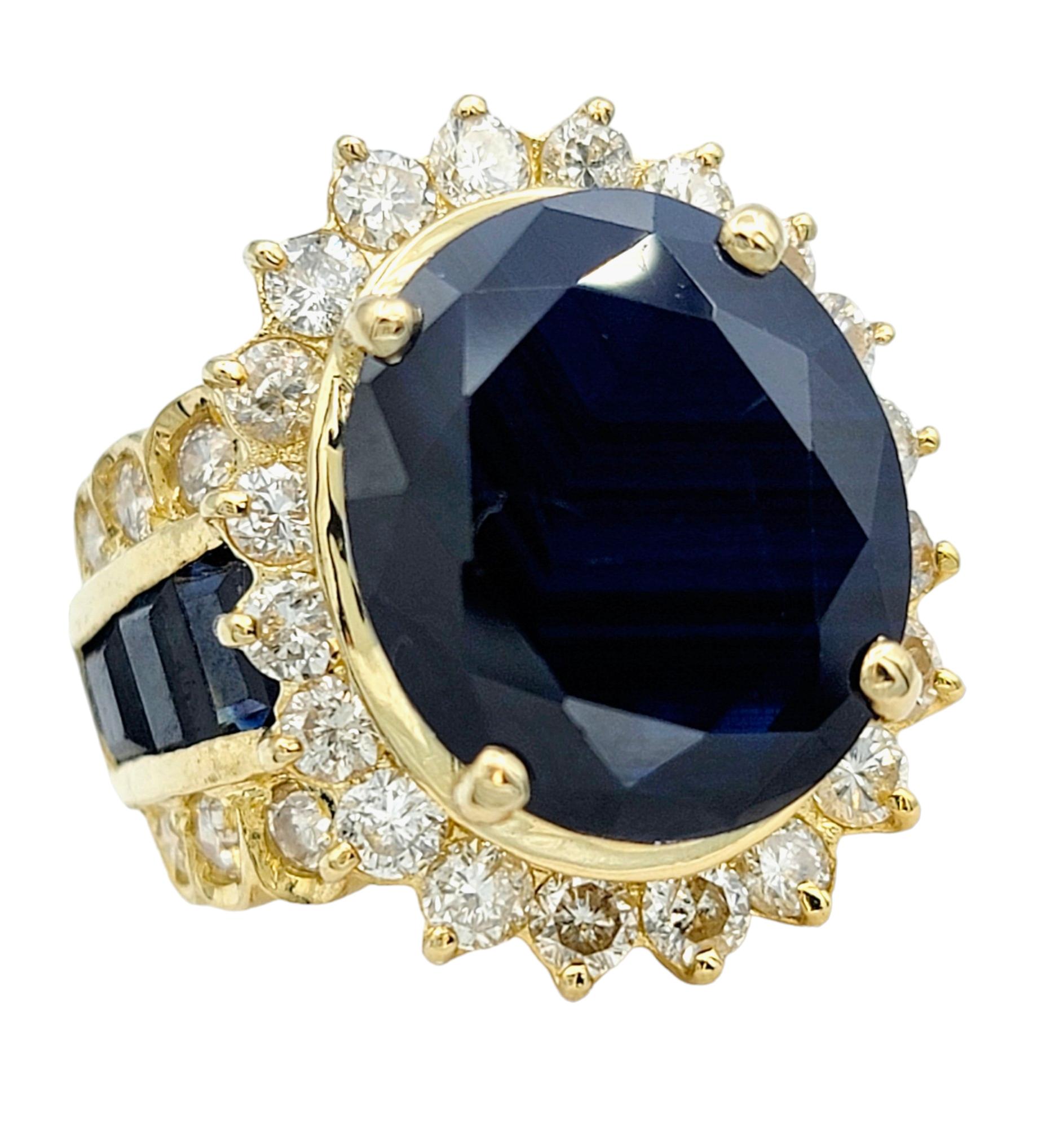 Oval Cut 12.64 Carat Total Blue Sapphire and Diamond Halo Cocktail Ring 18K Yellow Gold For Sale