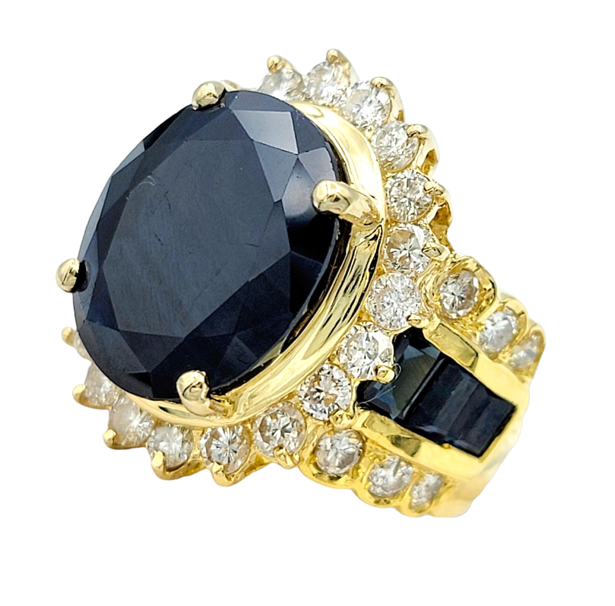 12.64 Carat Total Blue Sapphire and Diamond Halo Cocktail Ring 18K Yellow Gold In Good Condition For Sale In Scottsdale, AZ