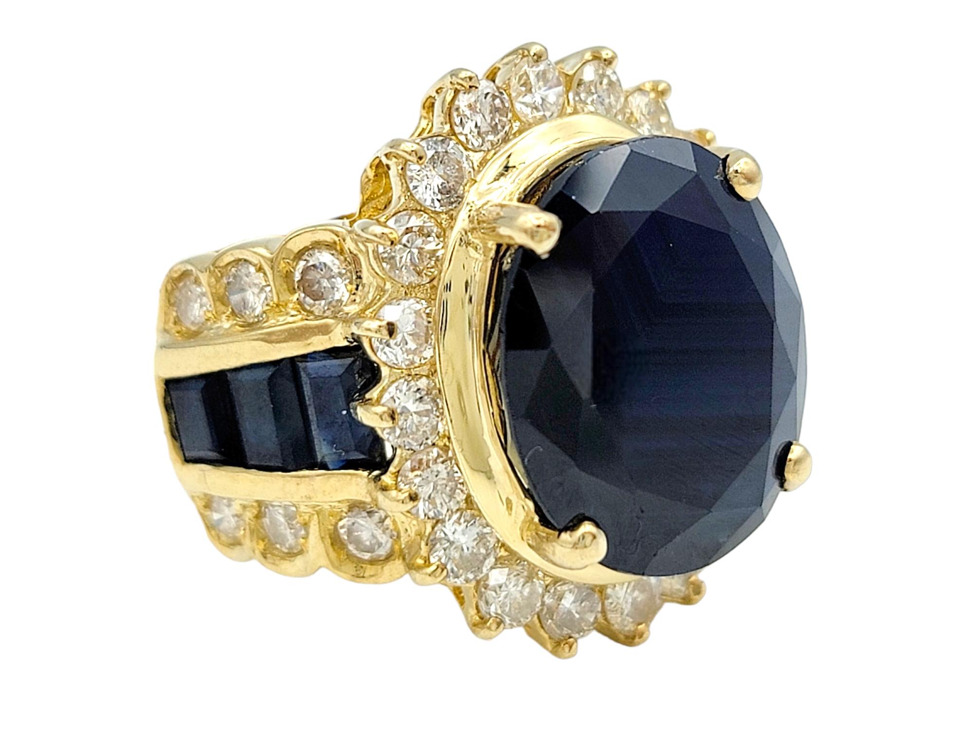 Women's 12.64 Carat Total Blue Sapphire and Diamond Halo Cocktail Ring 18K Yellow Gold For Sale