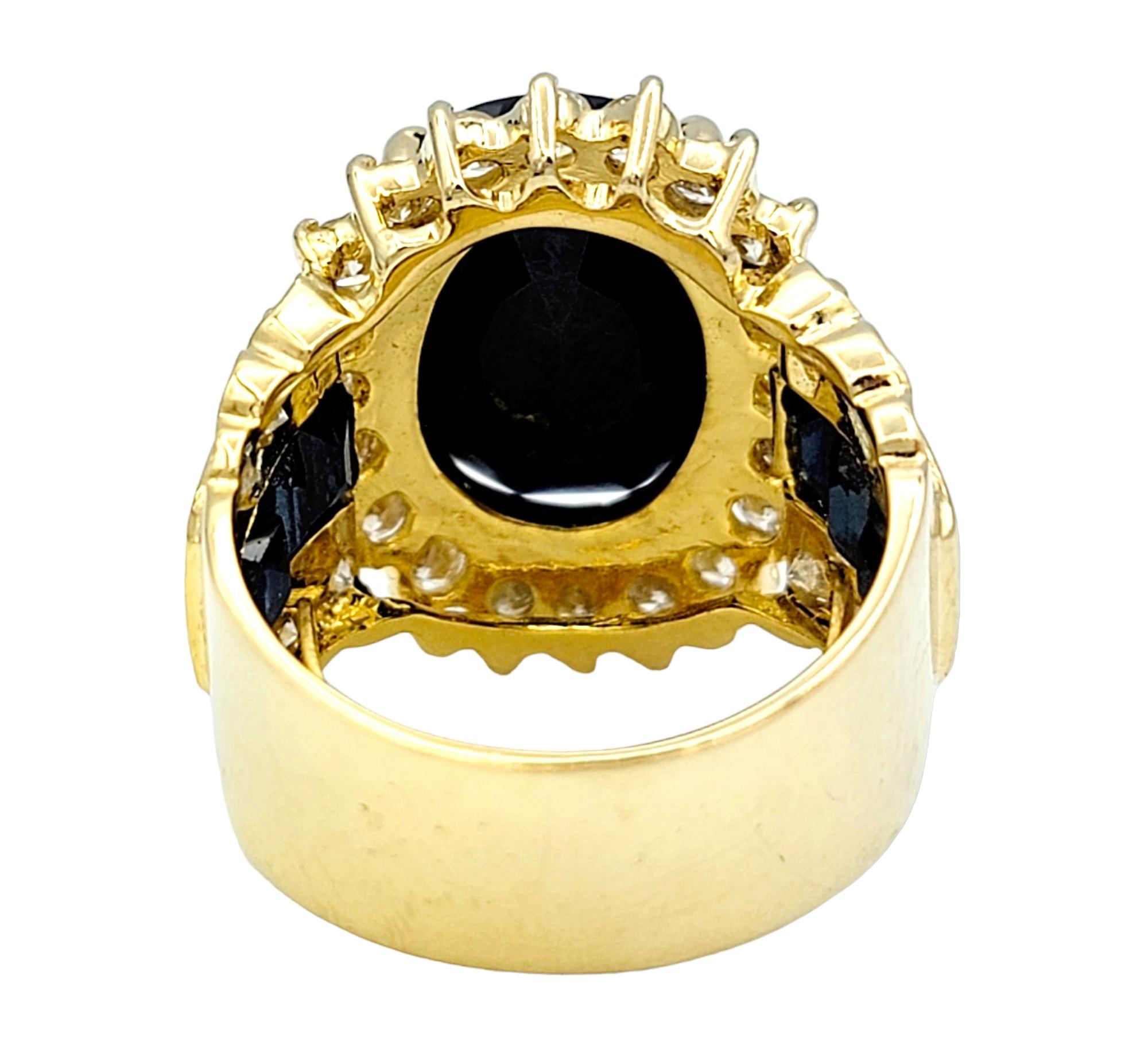 12.64 Carat Total Blue Sapphire and Diamond Halo Cocktail Ring 18K Yellow Gold 2