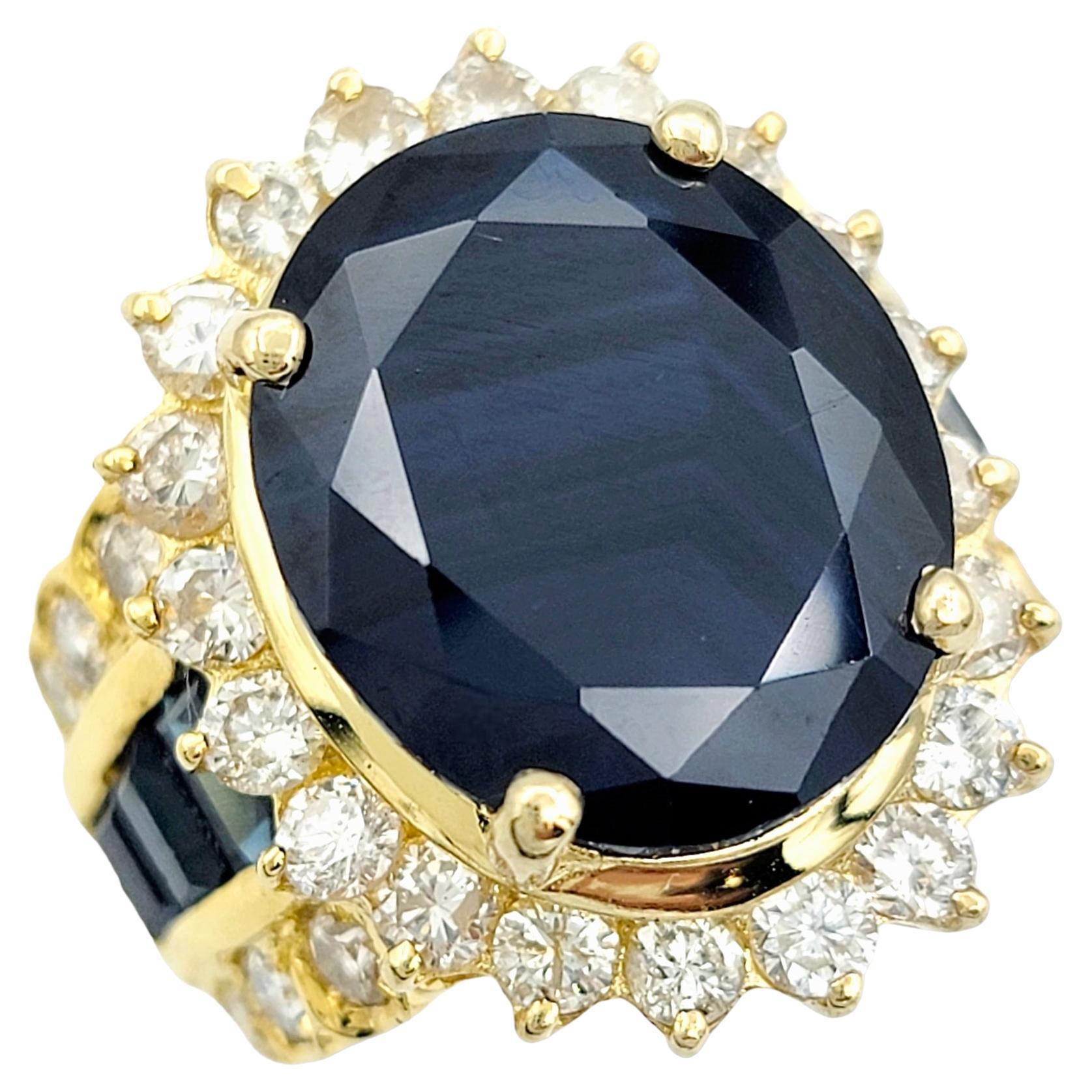 12.64 Carat Total Blue Sapphire and Diamond Halo Cocktail Ring 18K Yellow Gold For Sale